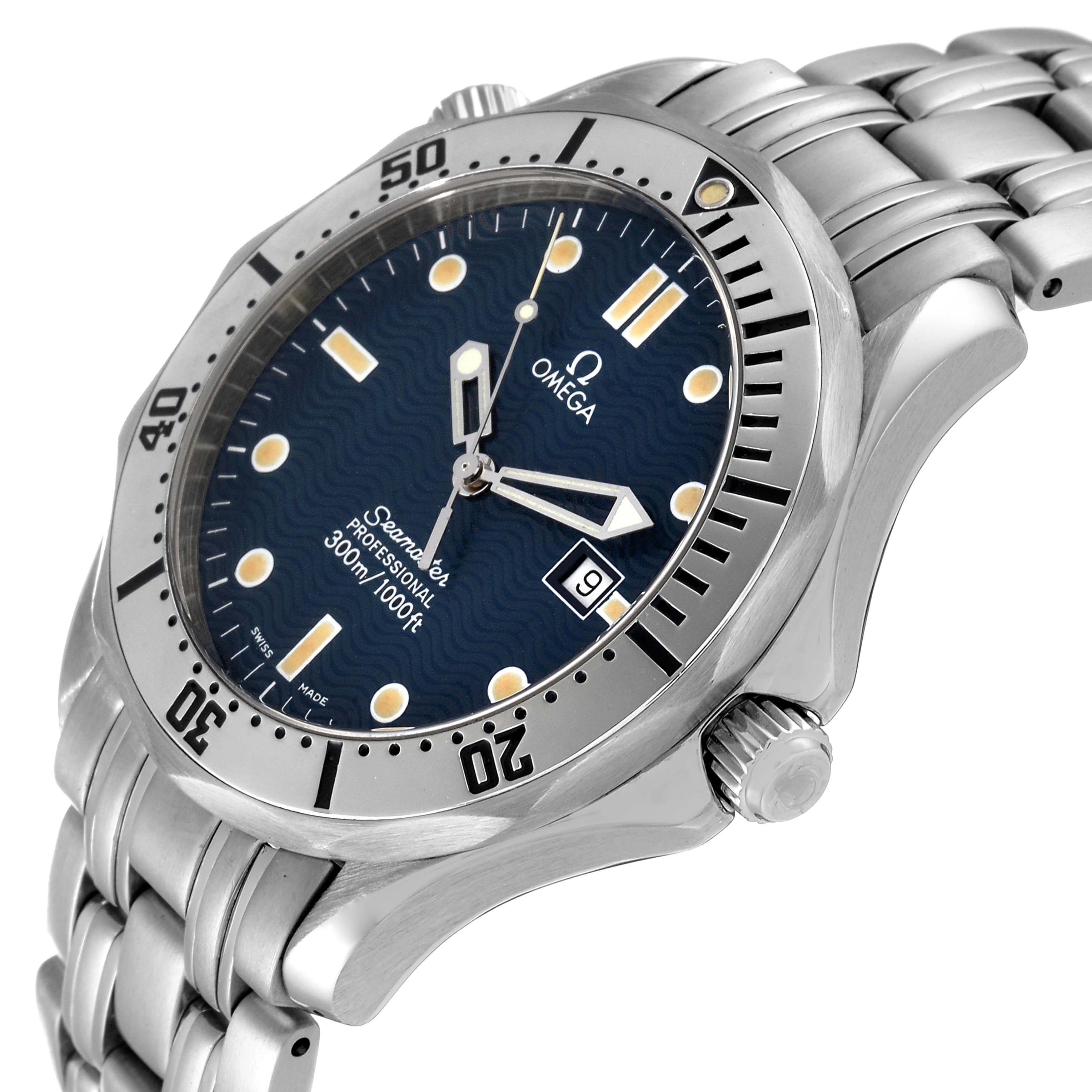The Omega Seamaster 2542.80.00 Men's Stainless Steel Blue Dial 2542.80.00 Men's Stainless Steel Blue Dial watch is shown at a three-quarter angle, displaying its face, bezel, crown, and bracelet.