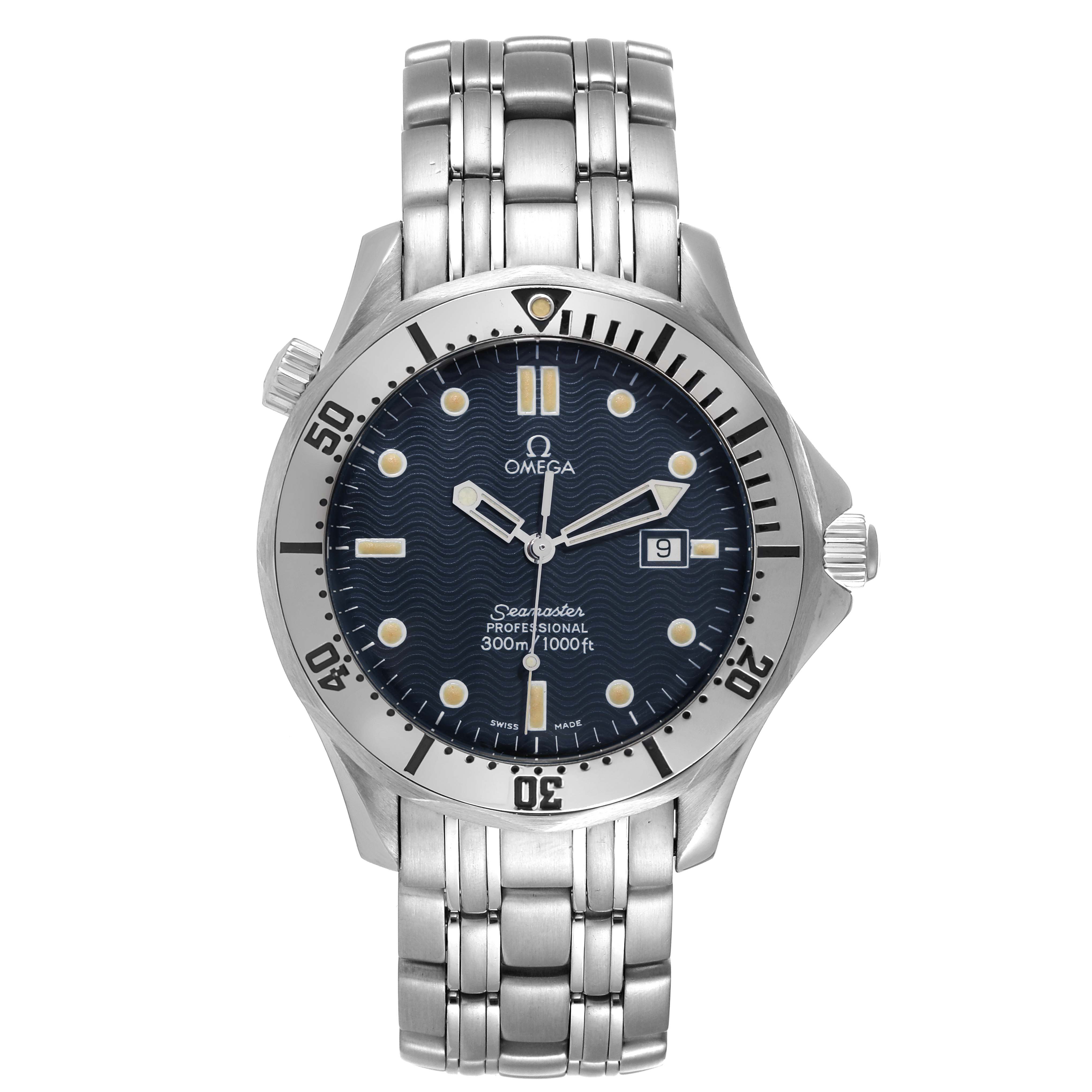 This is a front view of an Omega Seamaster 2542.80.00 Men's Stainless Steel Blue Dial 2542.80.00 Men's Stainless Steel Blue Dial watch, showing the dial, bezel, and metal bracelet.