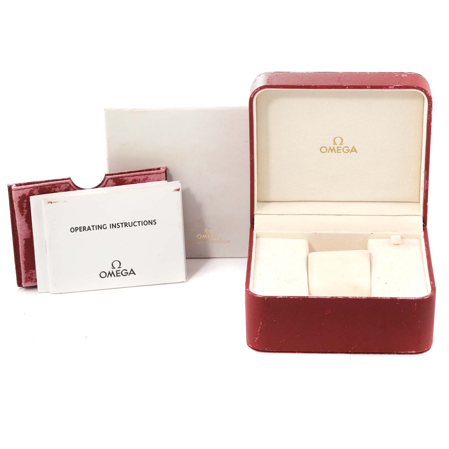 The image shows an empty red Omega Seamaster 2542.80.00 Men's Stainless Steel Blue Dial 2542.80.00 Men's Stainless Steel Blue Dial watch box, a white box, and operating instructions.