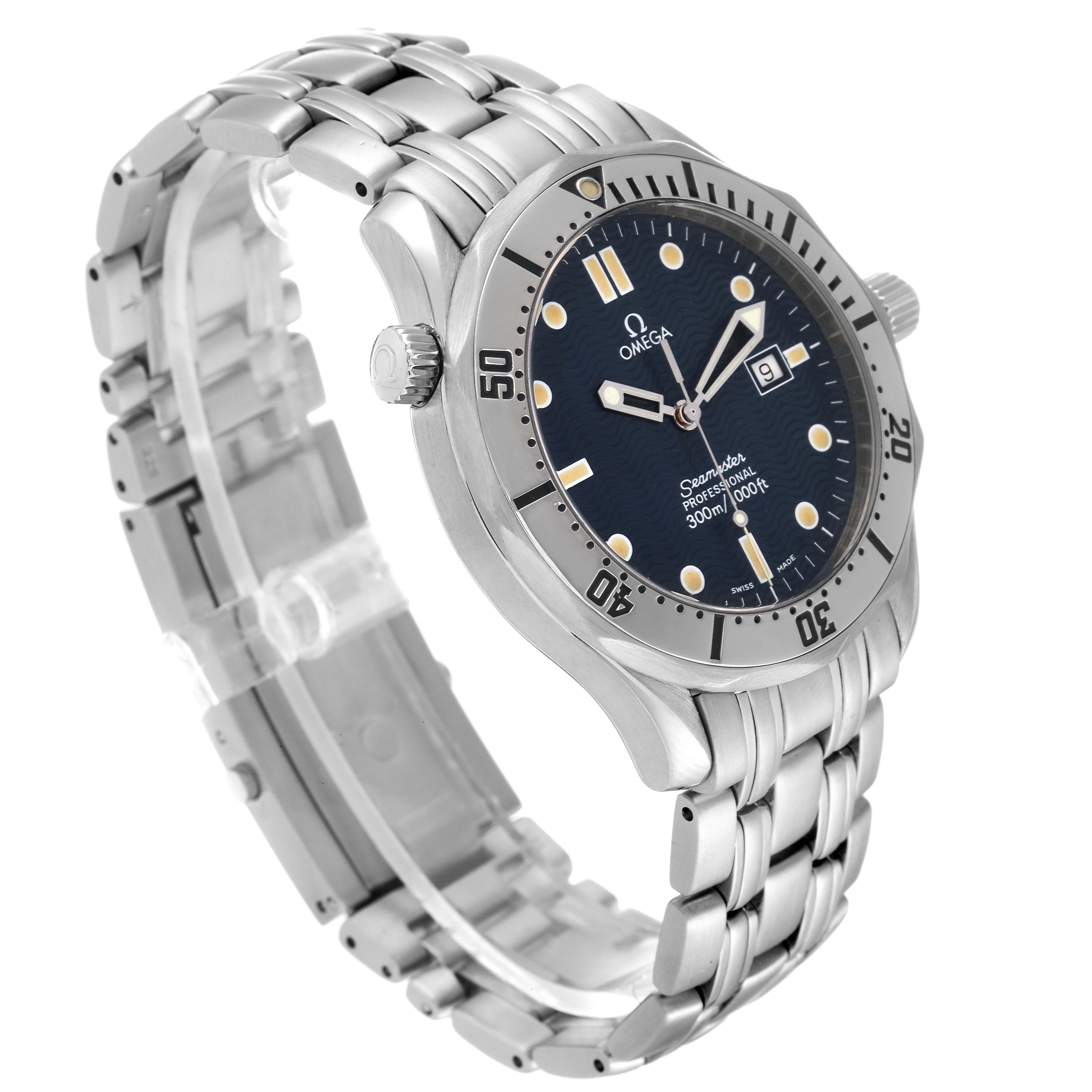 The image shows an angled view of an Omega Seamaster 2542.80.00 Men's Stainless Steel Blue Dial 2542.80.00 Men's Stainless Steel Blue Dial watch, highlighting the dial, bezel, crown, and metal bracelet.