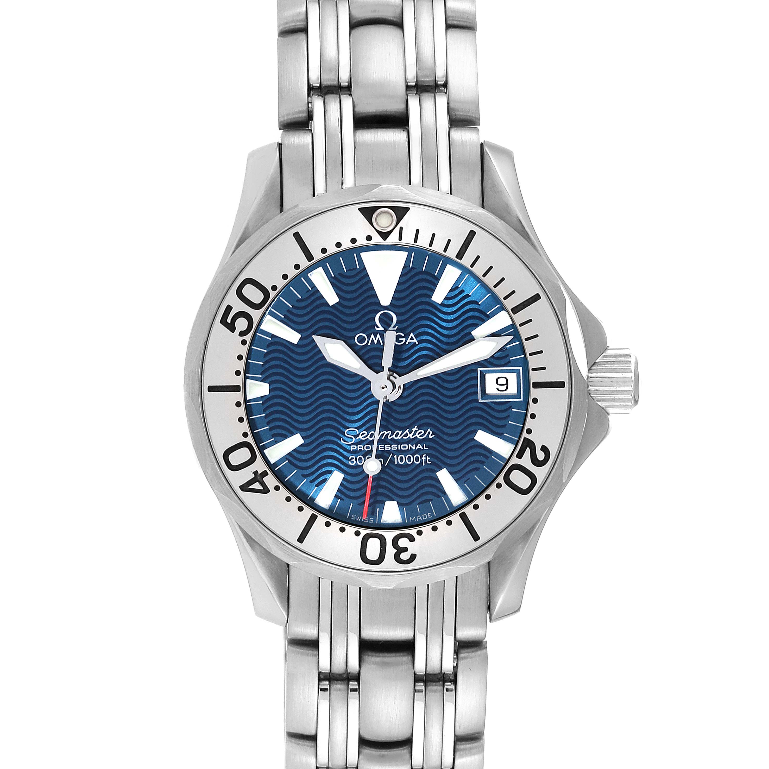 The image shows a front view of the Omega 2584.80.00 Women's Stainless Steel Blue Dial 2584.80.00 Women's Stainless Steel Blue Dial Seamaster Diver 300M Quartz 28mm Steel Ladies Watch 2584.80.00.