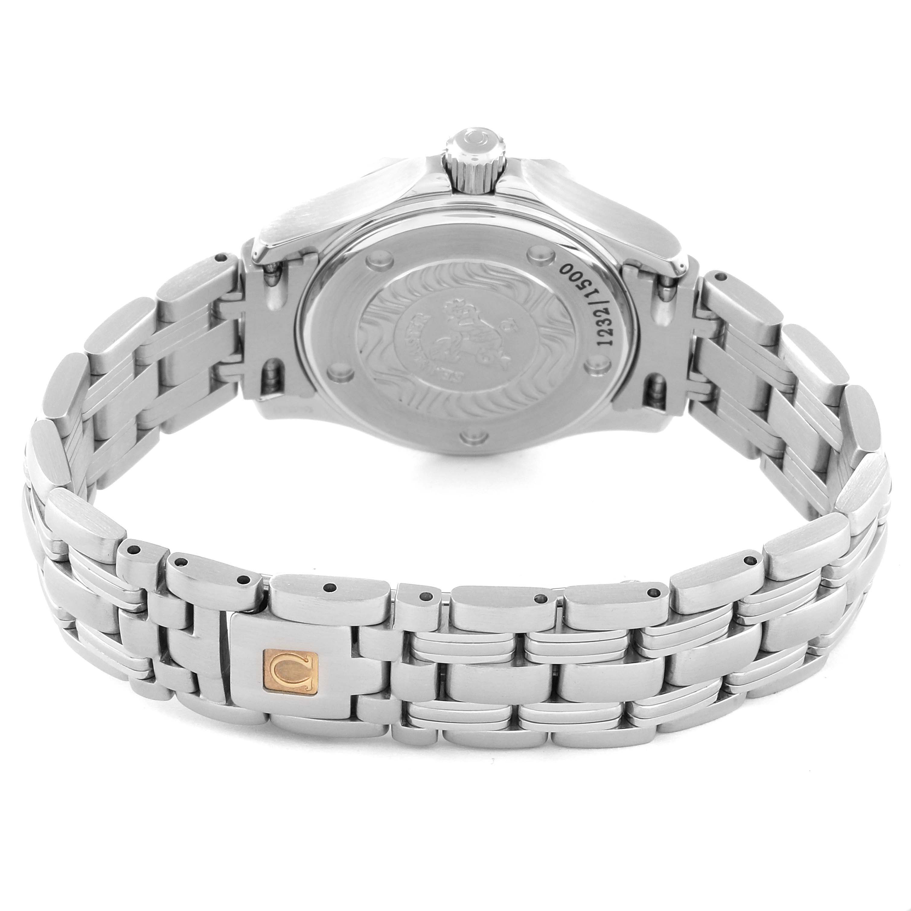 The image shows the back of the Omega 2584.80.00 Women's Stainless Steel Blue Dial 2584.80.00 Women's Stainless Steel Blue Dial Seamaster Diver 300M Quartz 28mm Steel Ladies Watch 2584.80.00, featuring its bracelet and clasp.