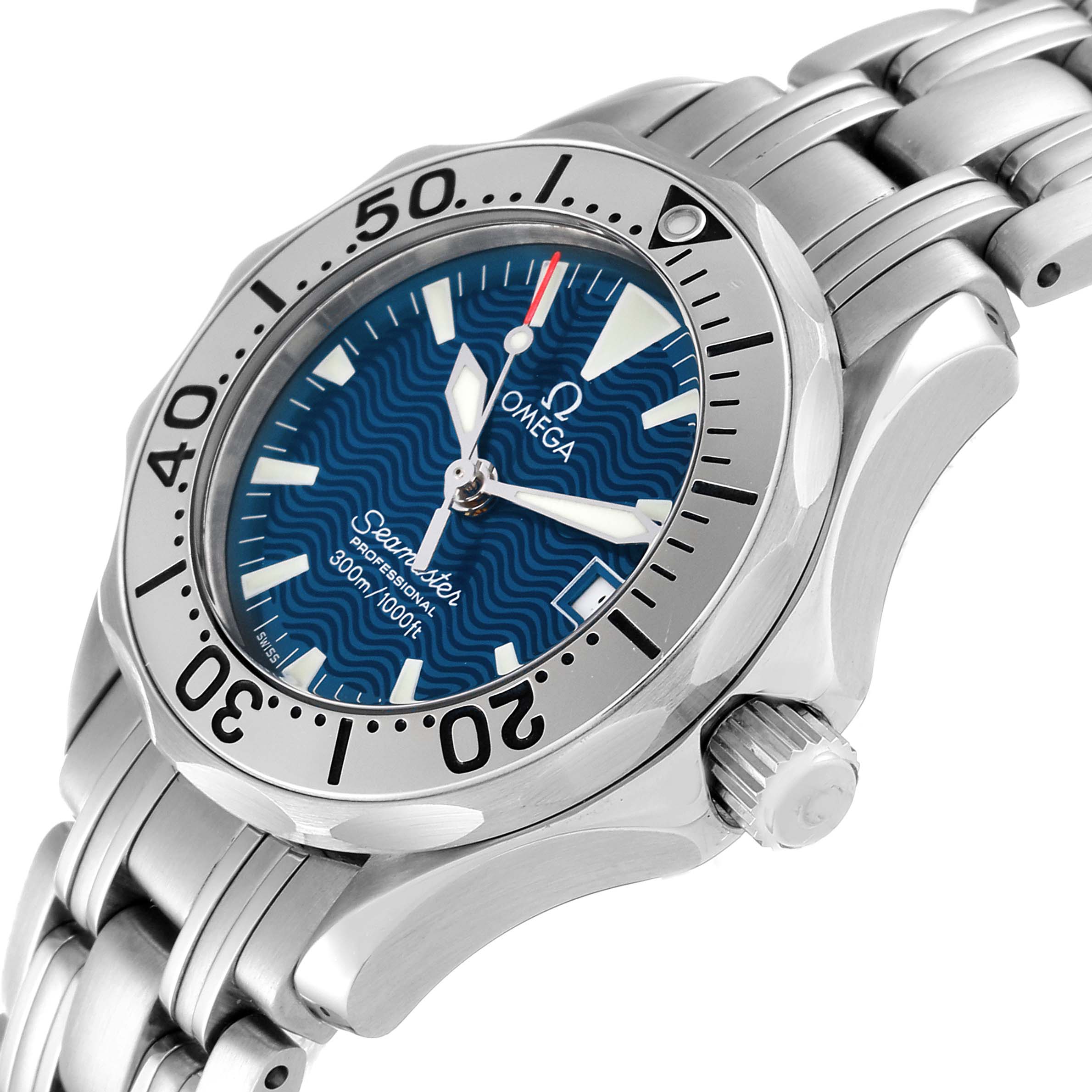 The image shows a front-angle view of the Omega 2584.80.00 Women's Stainless Steel Blue Dial 2584.80.00 Women's Stainless Steel Blue Dial Seamaster Diver 300M Quartz 28mm Steel Ladies Watch, highlighting its dial and bezel.