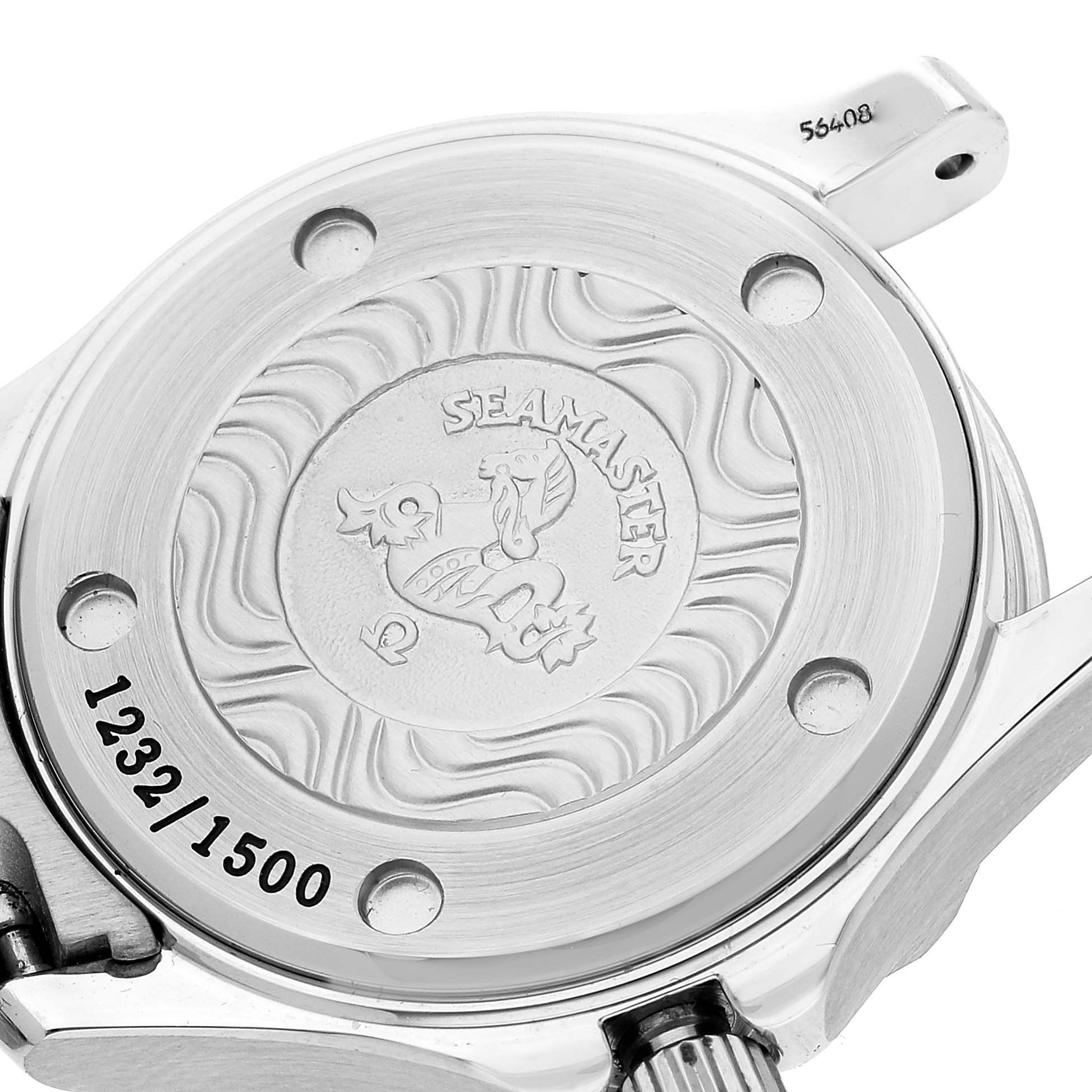 This image shows the back case of the Omega 2584.80.00 Women's Stainless Steel Blue Dial 2584.80.00 Women's Stainless Steel Blue Dial Seamaster Diver 300M Quartz 28mm Steel Ladies Watch 2584.80.00, highlighting its engravings.