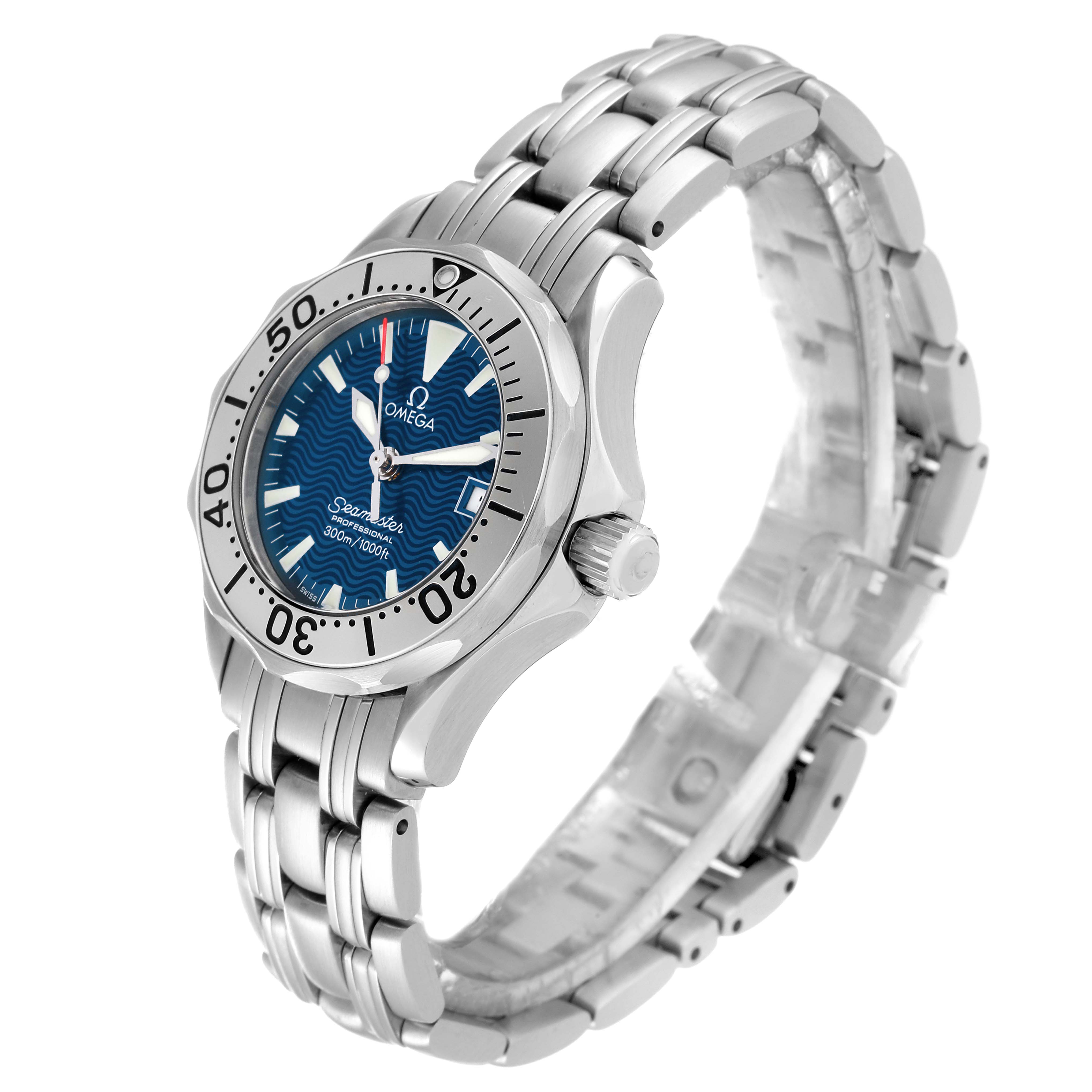 The Omega 2584.80.00 Women's Stainless Steel Blue Dial 2584.80.00 Women's Stainless Steel Blue Dial Seamaster Diver 300M Quartz 28mm Steel Ladies Watch 2584.80.00 is shown at a three-quarter angle, displaying its dial, bezel, crown, and bracelet.