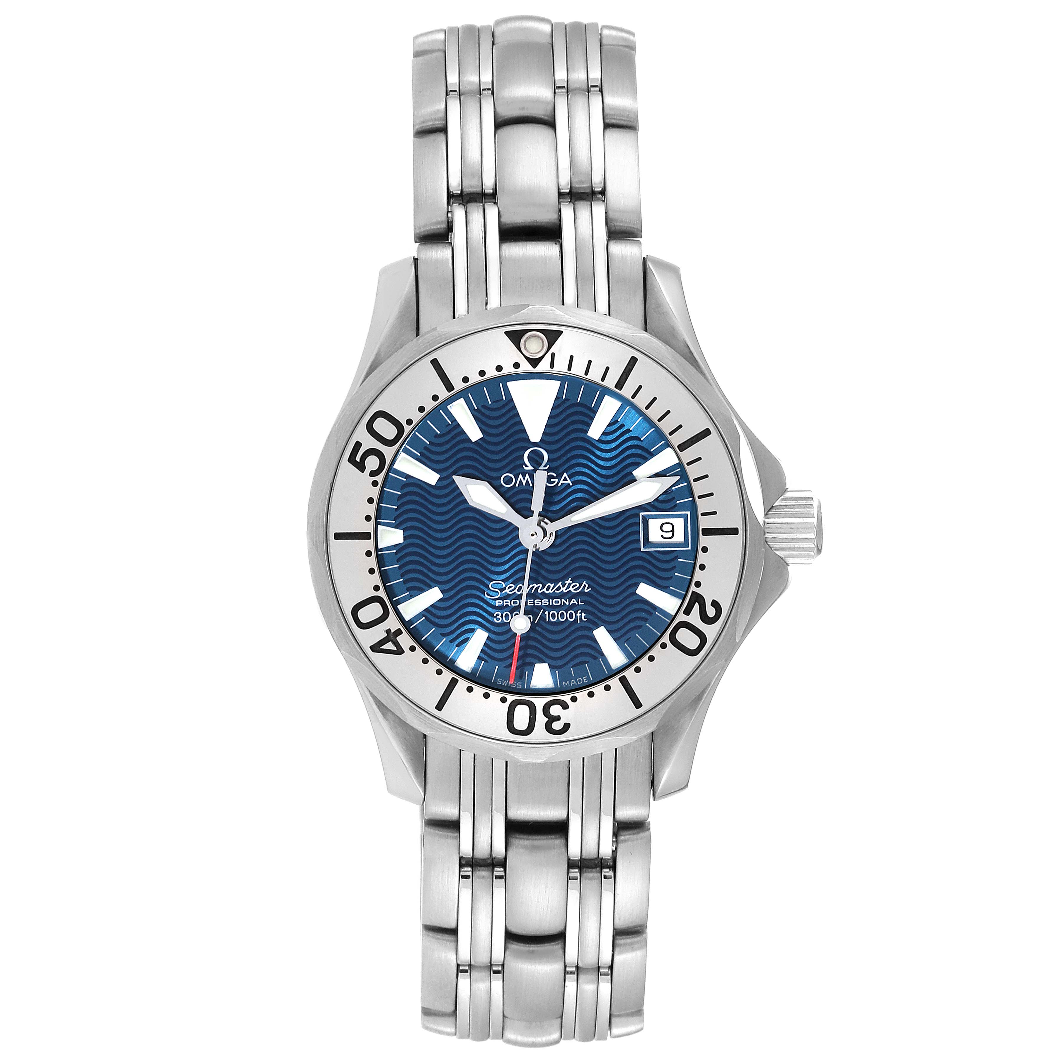 The image shows a frontal view of the Omega 2584.80.00 Women's Stainless Steel Blue Dial 2584.80.00 Women's Stainless Steel Blue Dial Seamaster Diver 300M Quartz 28mm Steel Ladies Watch, model 2584.80.00.