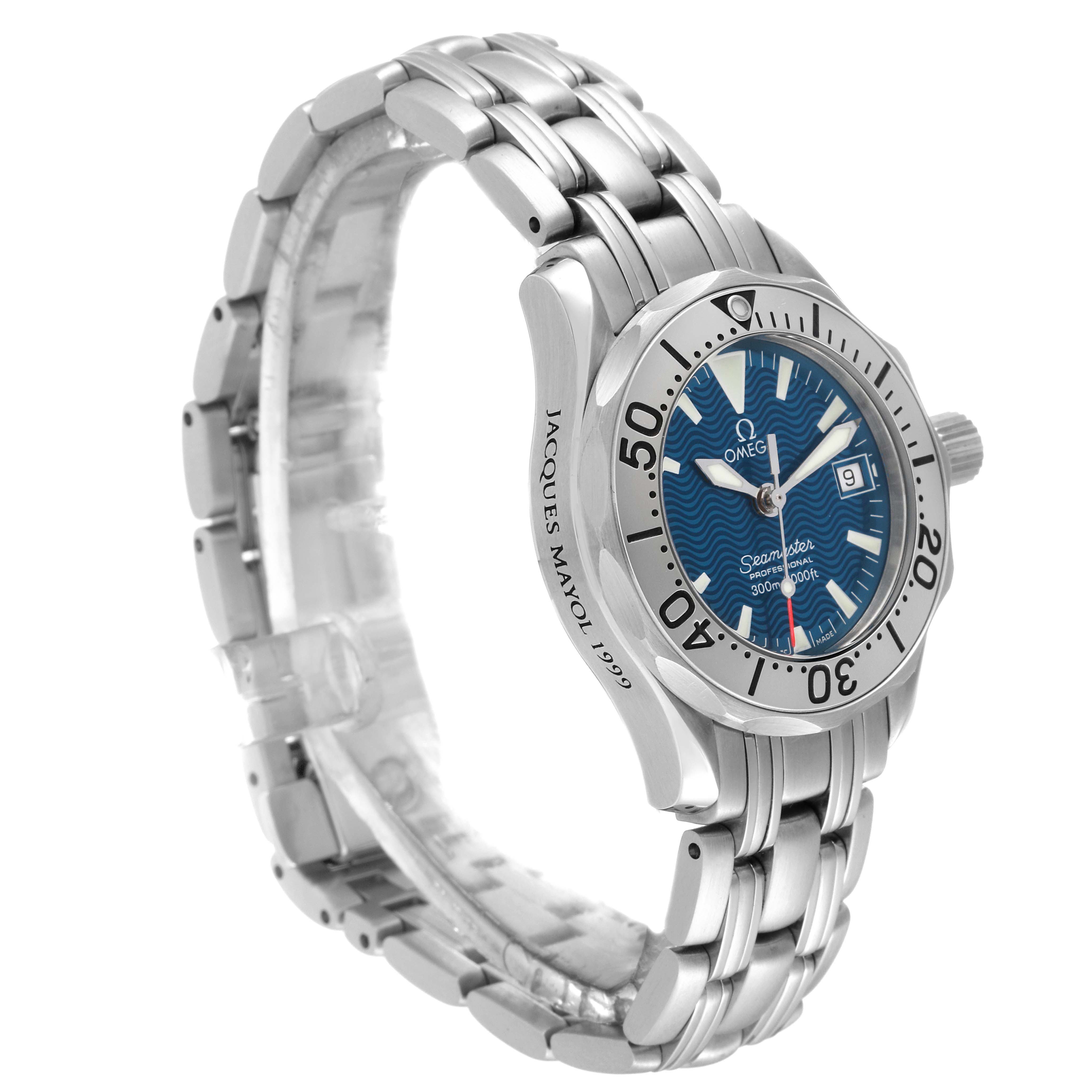 The image shows the Omega 2584.80.00 Women's Stainless Steel Blue Dial 2584.80.00 Women's Stainless Steel Blue Dial Seamaster Diver 300M Quartz 28mm Steel Ladies Watch 2584.80.00 from a front-side angle, highlighting its stainless steel bracelet and blue dial.