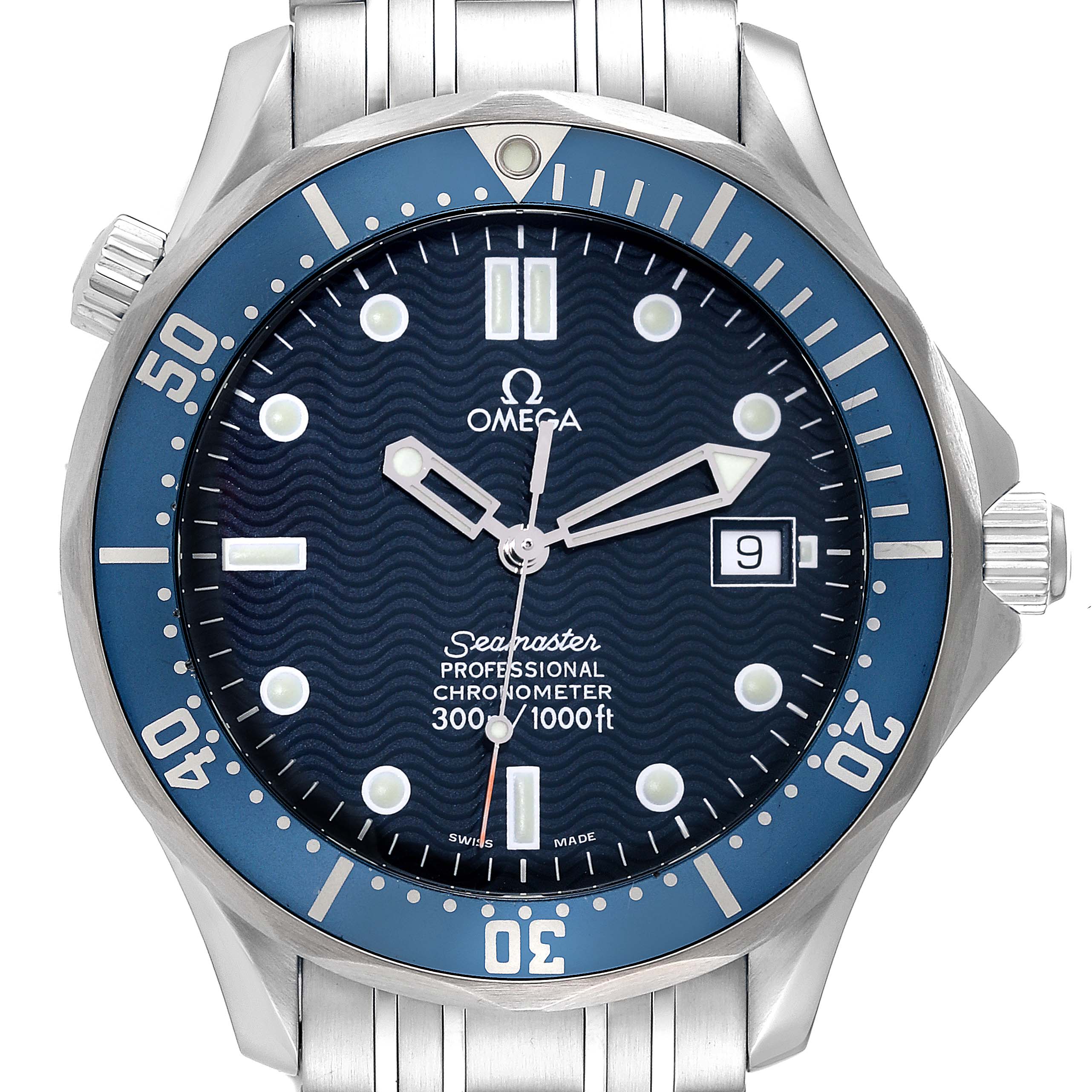 The Omega Seamaster 2531.80.00 Men
s Stainless Steel Blue Dial 2531.80.00 Men
s Stainless Steel Blue Dial watch is shown from a front angle, displaying its dial, bezel, and stainless steel strap.
