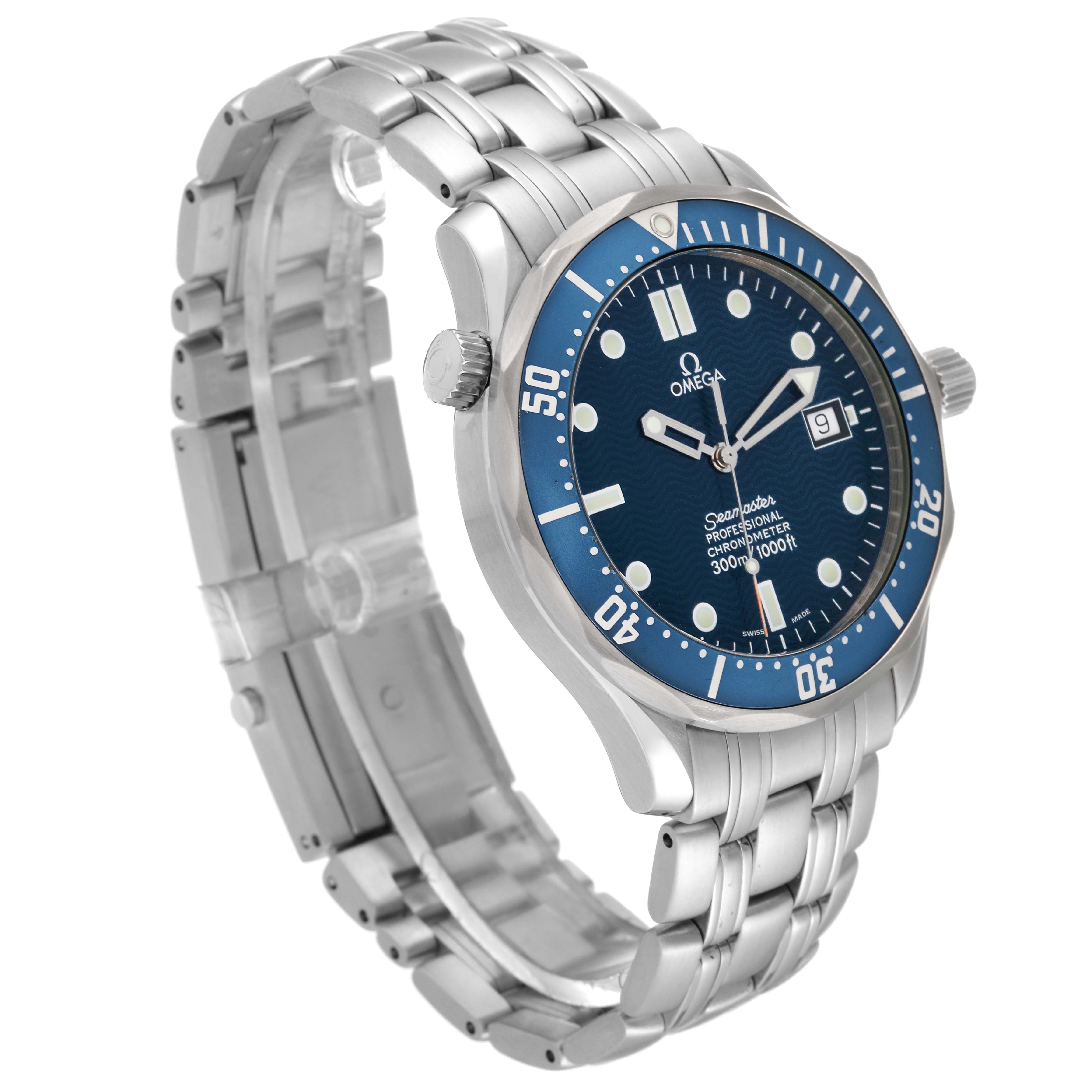 The image shows an Omega Seamaster 2531.80.00 Men
s Stainless Steel Blue Dial 2531.80.00 Men
s Stainless Steel Blue Dial watch at a three-quarter angle, highlighting its blue dial, bezel, and stainless steel bracelet.