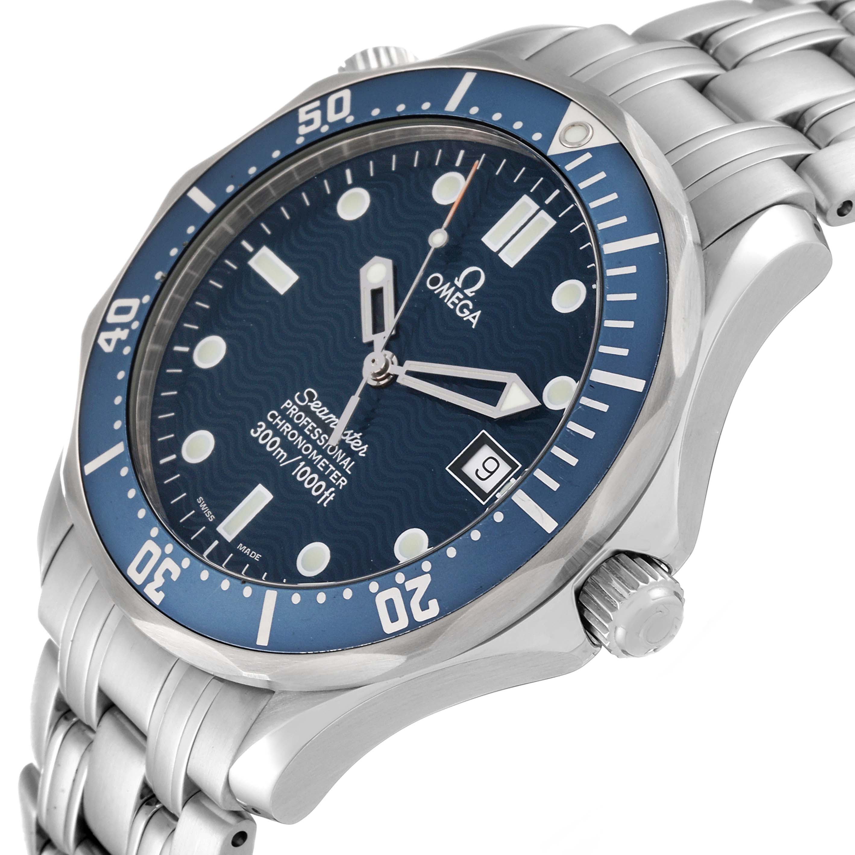 The image shows a side view of an Omega Seamaster 2531.80.00 Men
s Stainless Steel Blue Dial 2531.80.00 Men
s Stainless Steel Blue Dial watch highlighting the dial, bezel, crown, and part of the bracelet.