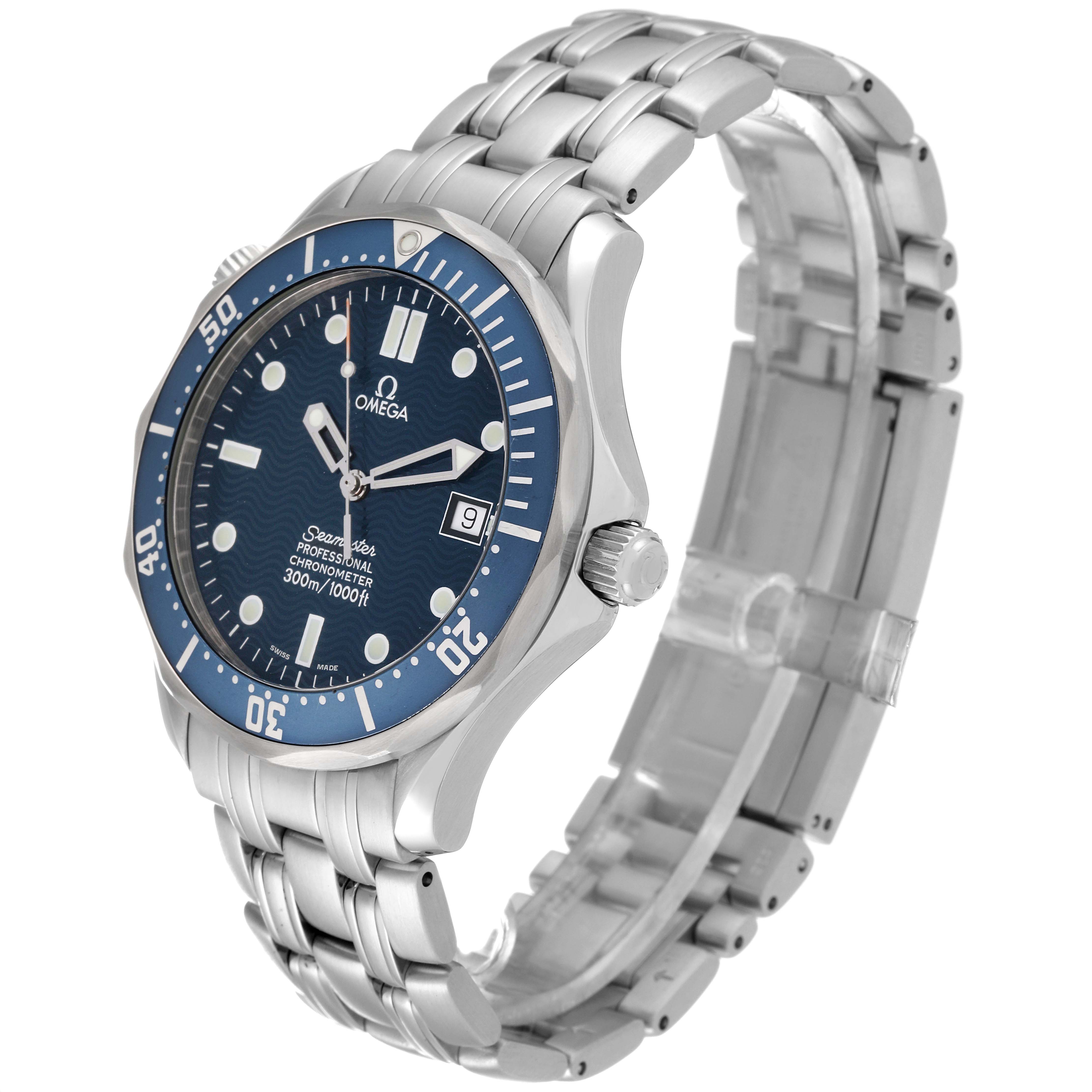 The Omega Seamaster 2531.80.00 Men
s Stainless Steel Blue Dial 2531.80.00 Men
s Stainless Steel Blue Dial watch is shown at an angled close-up view, highlighting its blue dial, bezel, and stainless steel bracelet.