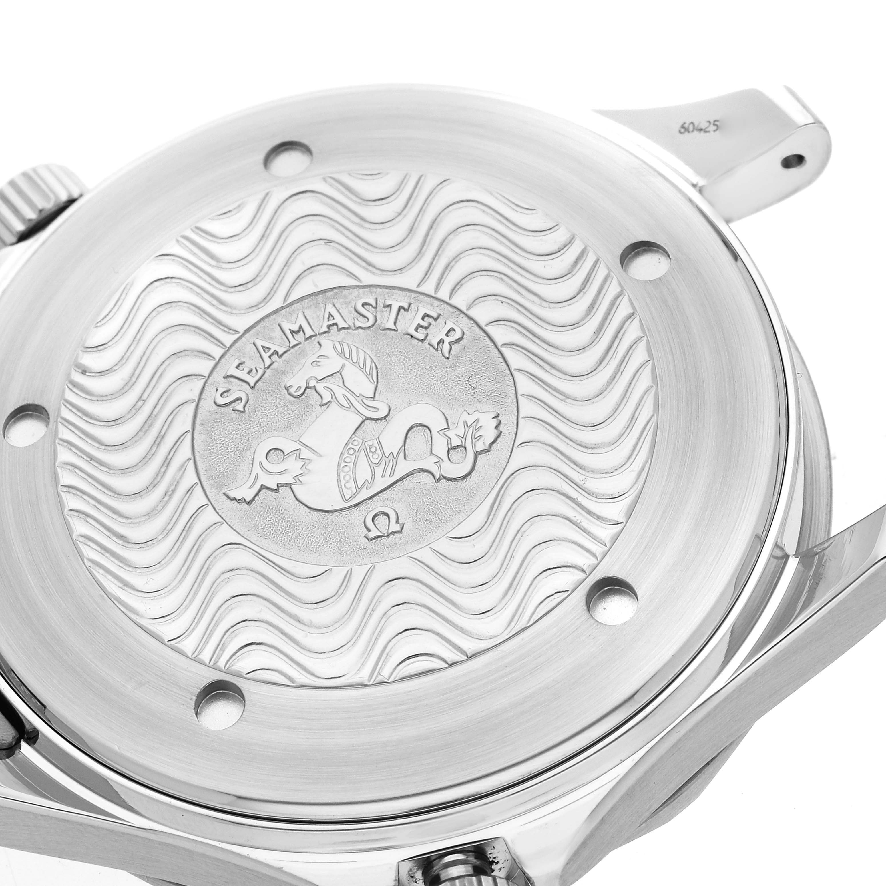 This image shows the case back of an Omega Seamaster 2531.80.00 Men
s Stainless Steel Blue Dial 2531.80.00 Men
s Stainless Steel Blue Dial watch, featuring a wave pattern and the Seamaster logo.