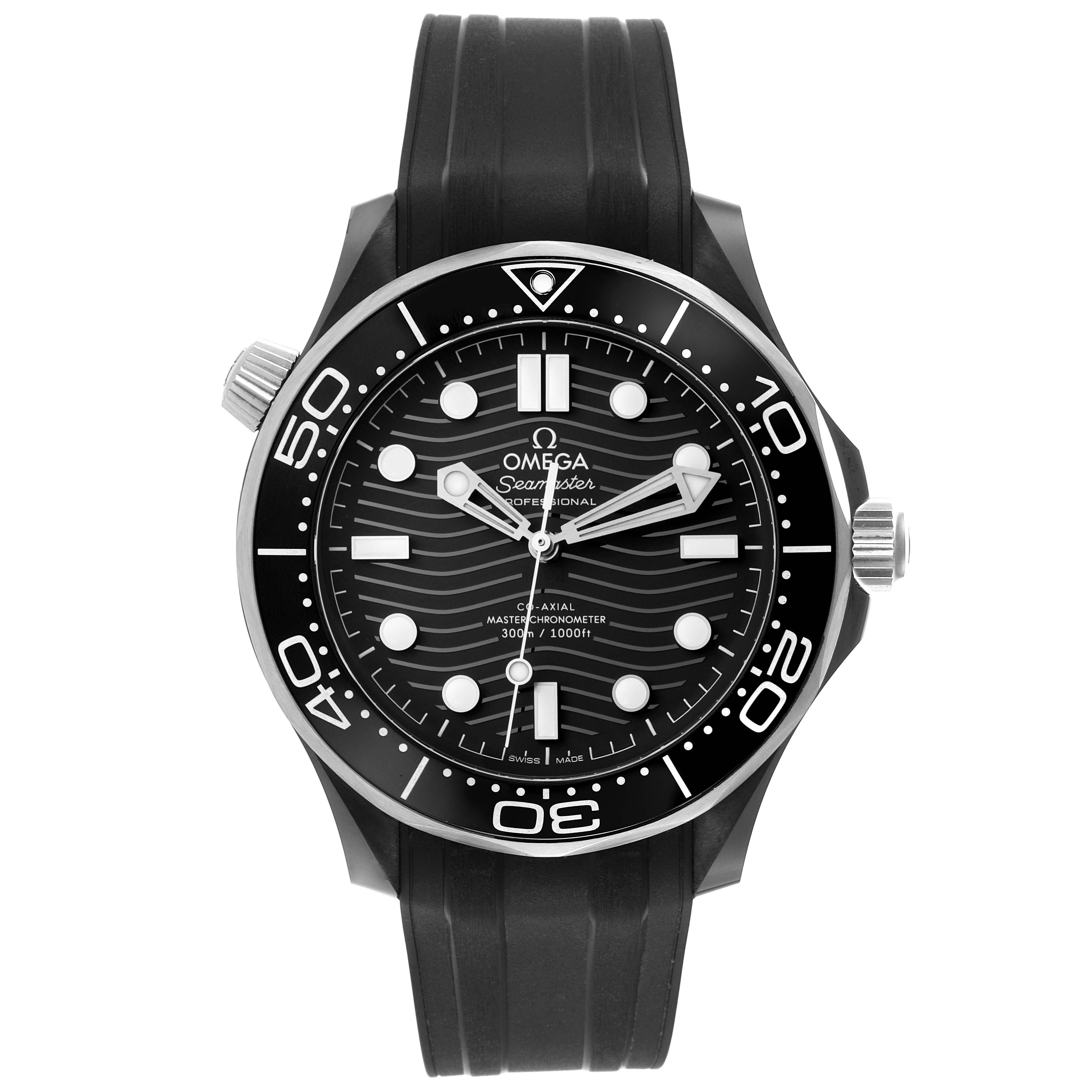 This image shows a front view of the Omega Seamaster 210.92.44.20.01.001 Men's Ceramic Black Dial 210.92.44.20.01.001 Men's Ceramic Black Dial watch, displaying its face, bezel, and a portion of its black rubber strap.