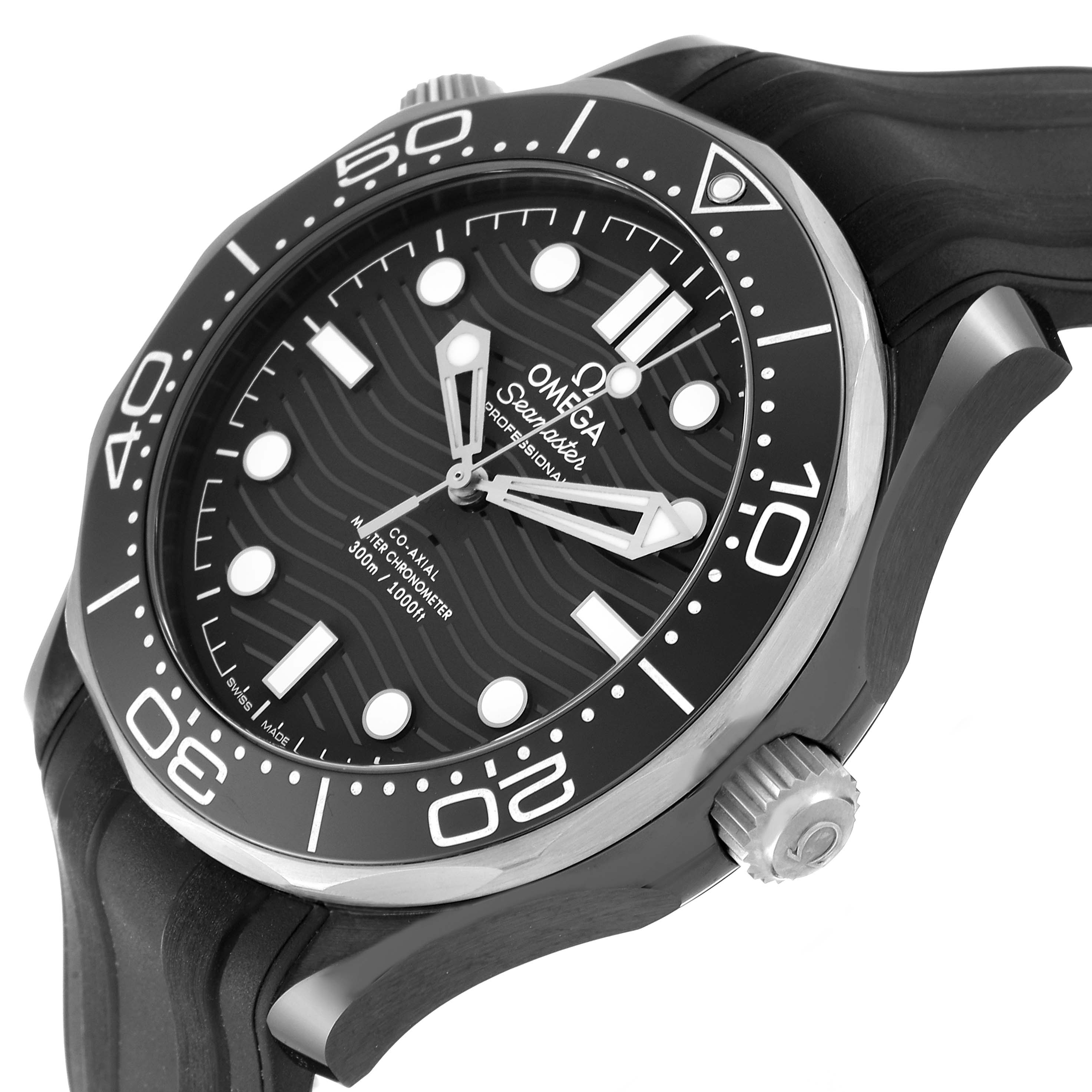 This image shows a close-up of the Omega Seamaster 210.92.44.20.01.001 Men's Ceramic Black Dial 210.92.44.20.01.001 Men's Ceramic Black Dial watch face and bezel from an angled side view.
