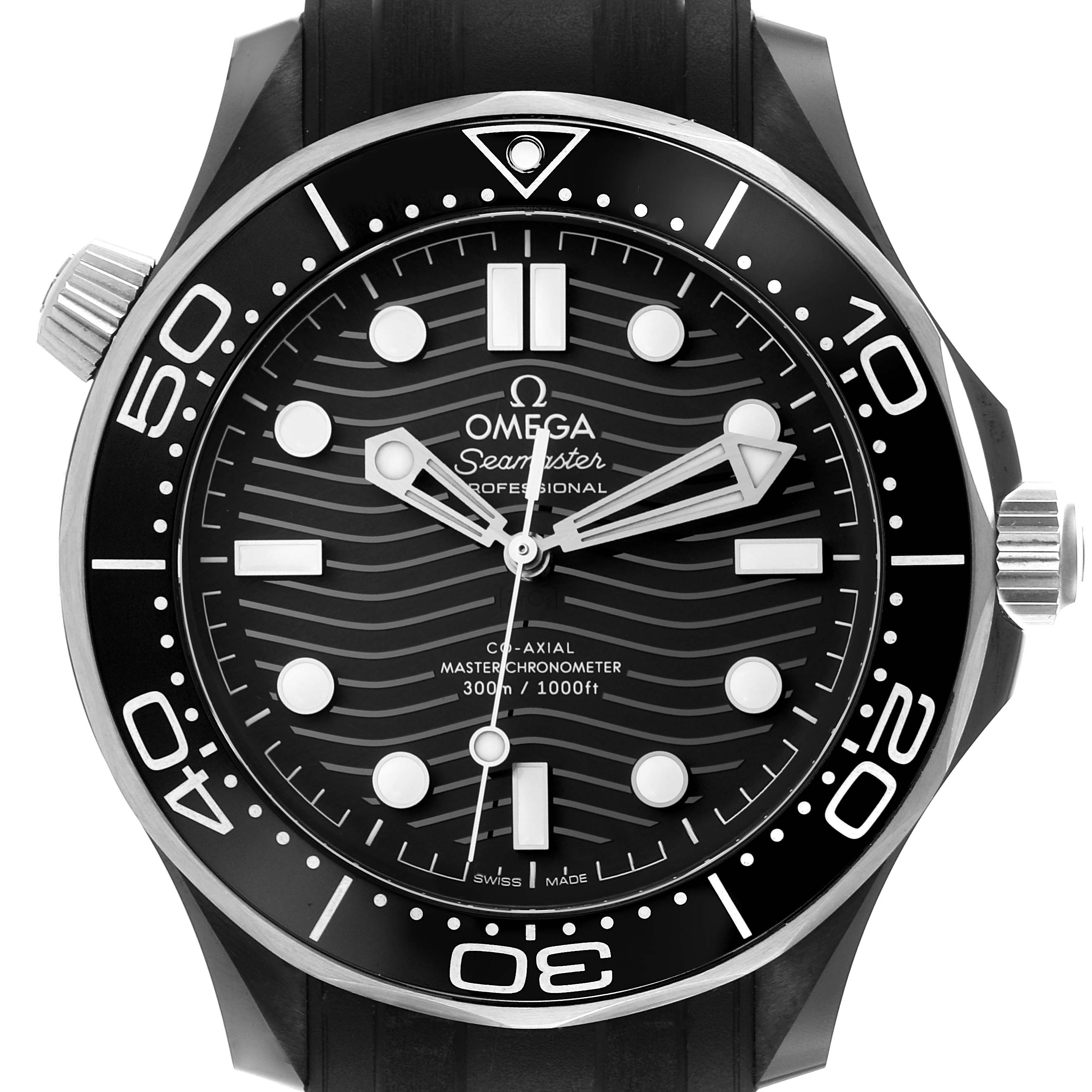 This image shows a front view of the Omega Seamaster 210.92.44.20.01.001 Men's Ceramic Black Dial 210.92.44.20.01.001 Men's Ceramic Black Dial watch, featuring its dial, bezel, crown, and strap.
