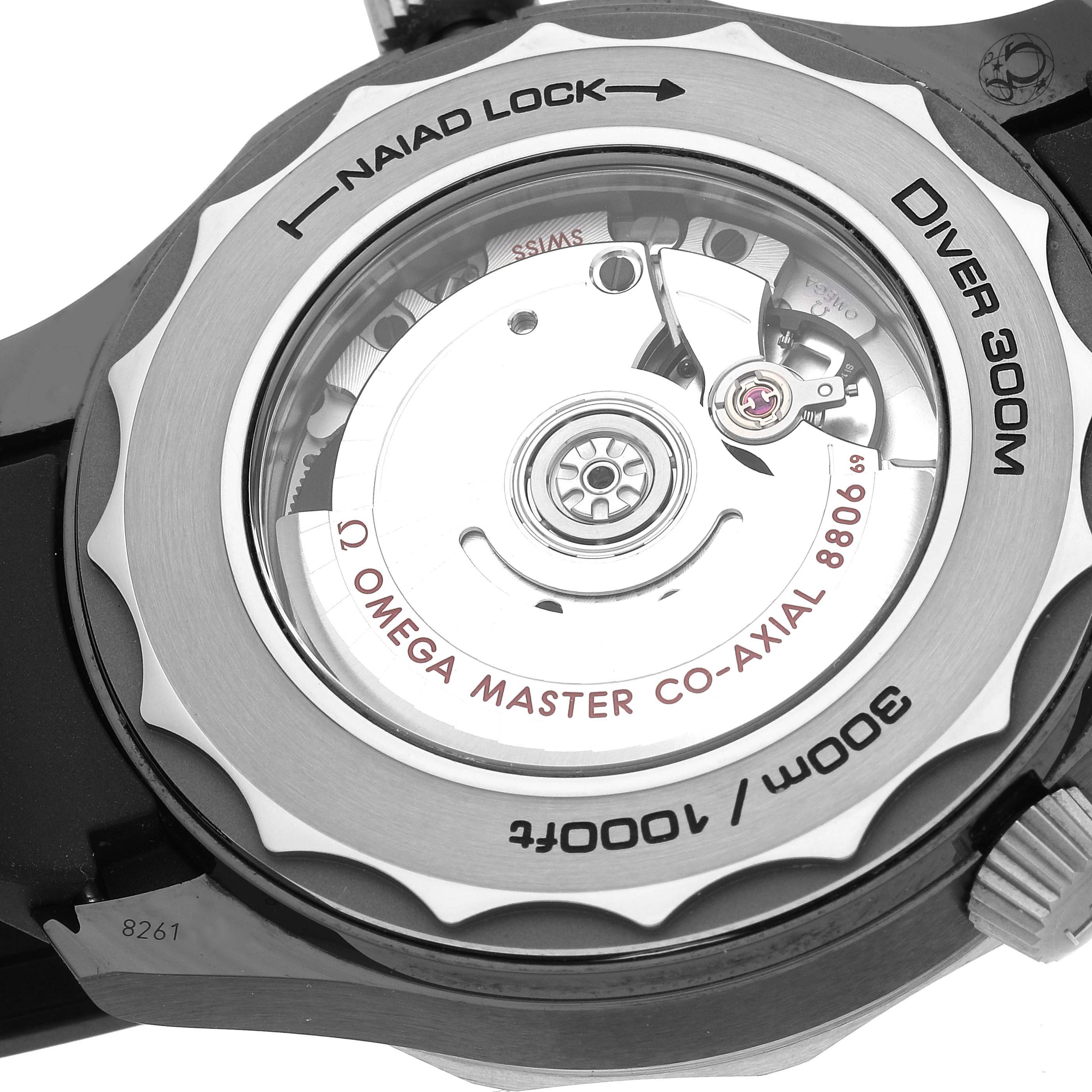 This image shows the case back of the Omega Seamaster 210.92.44.20.01.001 Men's Ceramic Black Dial 210.92.44.20.01.001 Men's Ceramic Black Dial Diver 300M watch, displaying the movement and "NAIAD LOCK" feature.