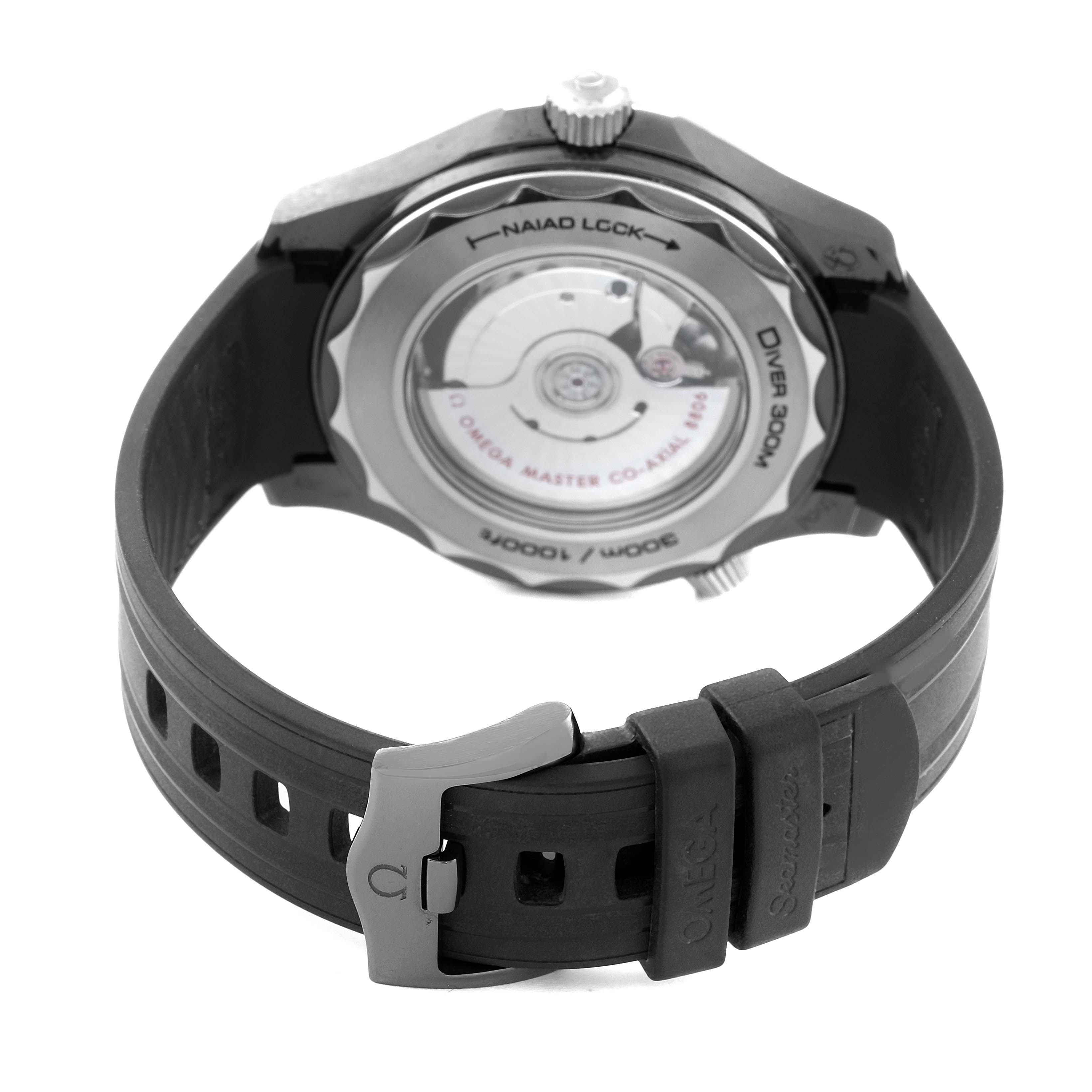 The image shows the back view of an Omega Seamaster 210.92.44.20.01.001 Men's Ceramic Black Dial 210.92.44.20.01.001 Men's Ceramic Black Dial watch, highlighting the movement and black rubber strap.