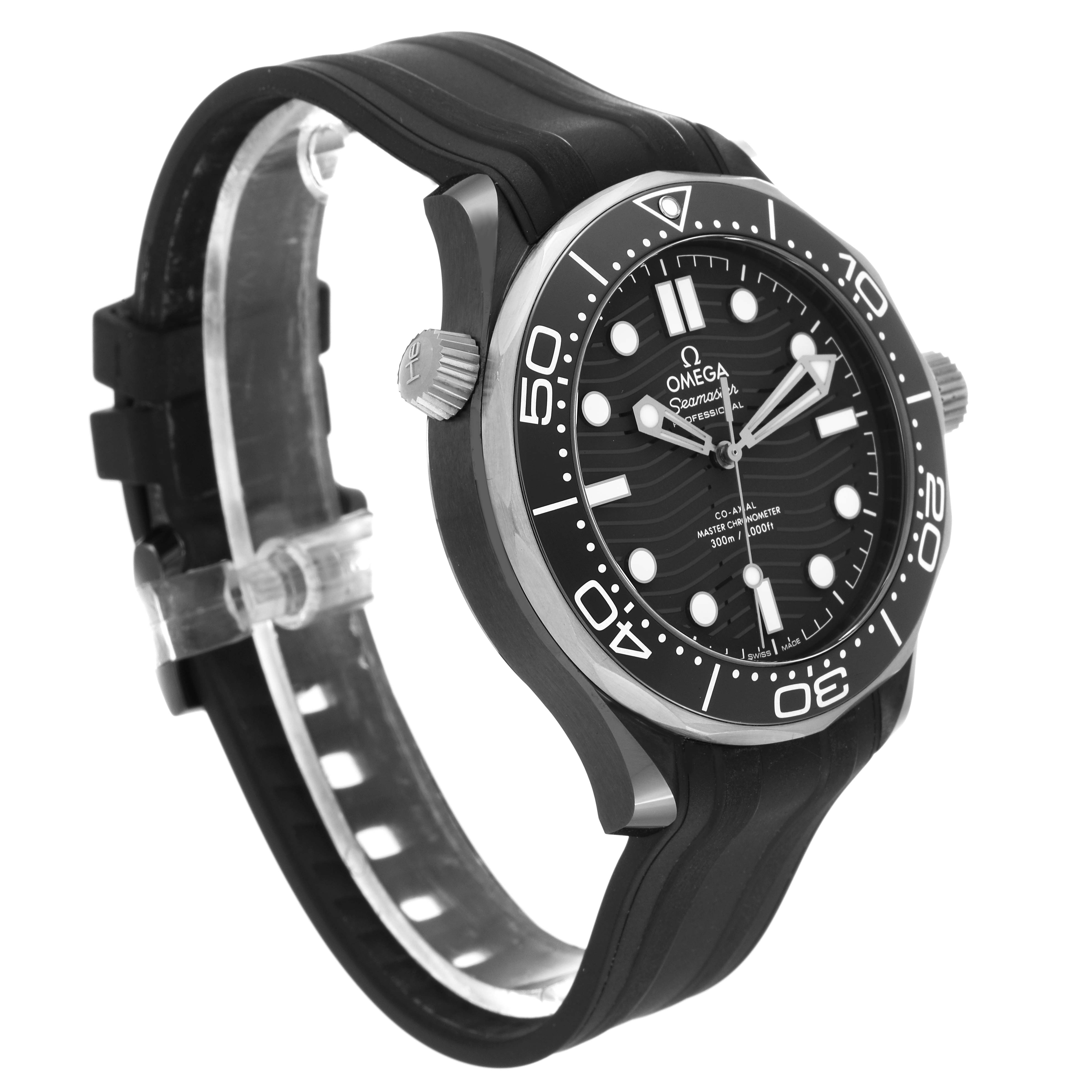 The image shows the Omega Seamaster 210.92.44.20.01.001 Men's Ceramic Black Dial 210.92.44.20.01.001 Men's Ceramic Black Dial watch at an oblique angle, highlighting the bezel, dial, strap, and crown.