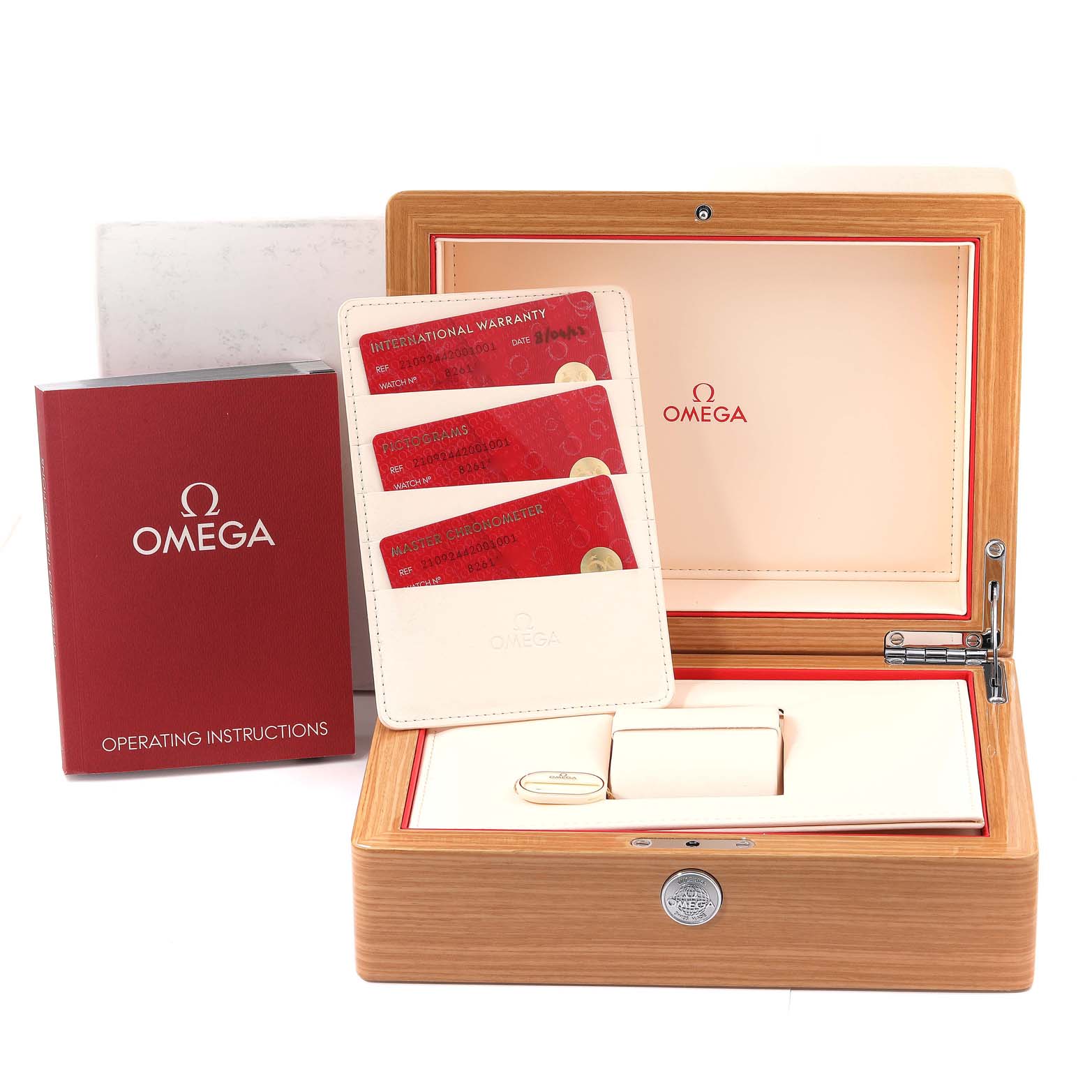 The image shows an Omega Seamaster 210.92.44.20.01.001 Men's Ceramic Black Dial 210.92.44.20.01.001 Men's Ceramic Black Dial watch box, operating instructions, and warranty cards from a top view.