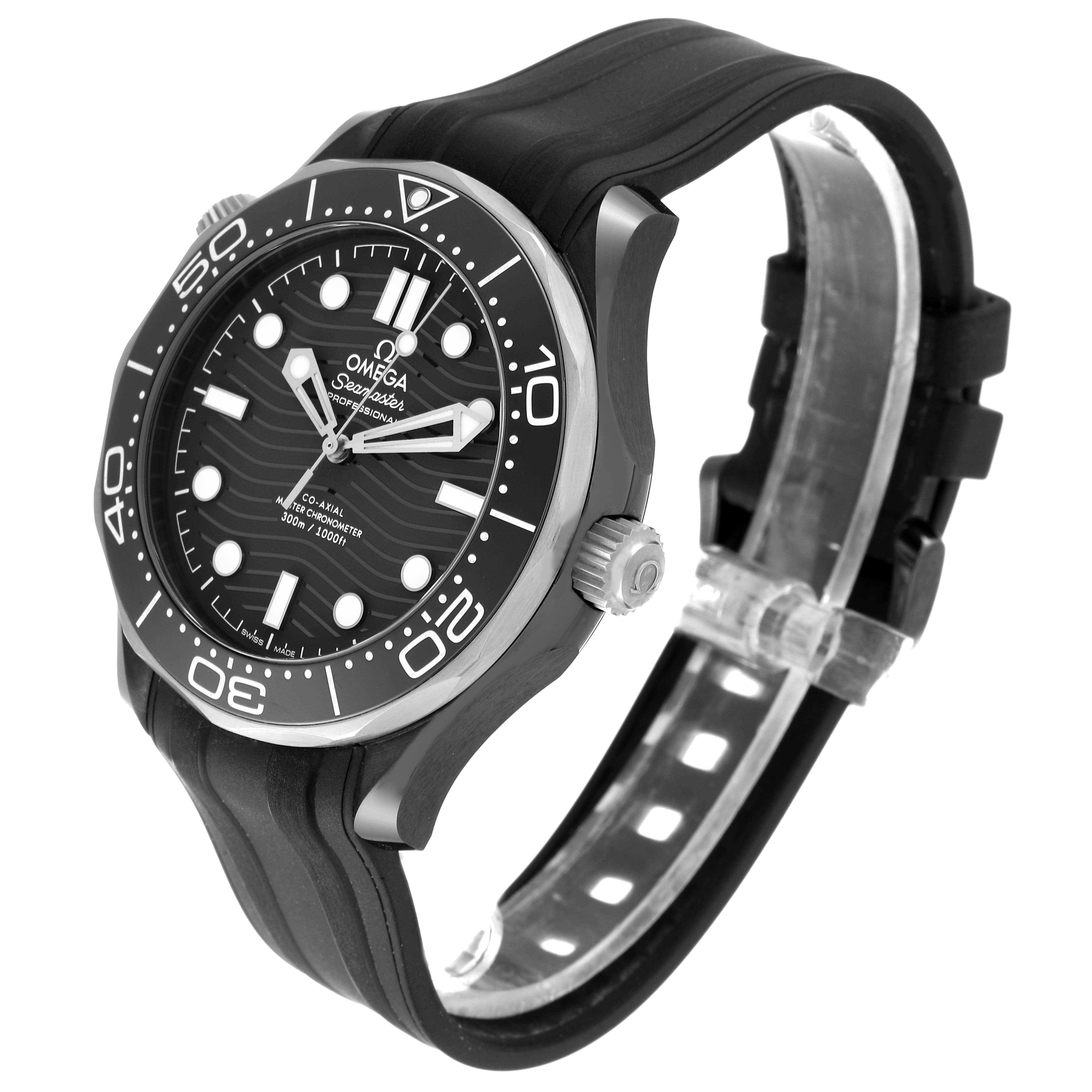 The Omega Seamaster 210.92.44.20.01.001 Men's Ceramic Black Dial 210.92.44.20.01.001 Men's Ceramic Black Dial watch is angled showcasing its face, bezel, and rubber strap.