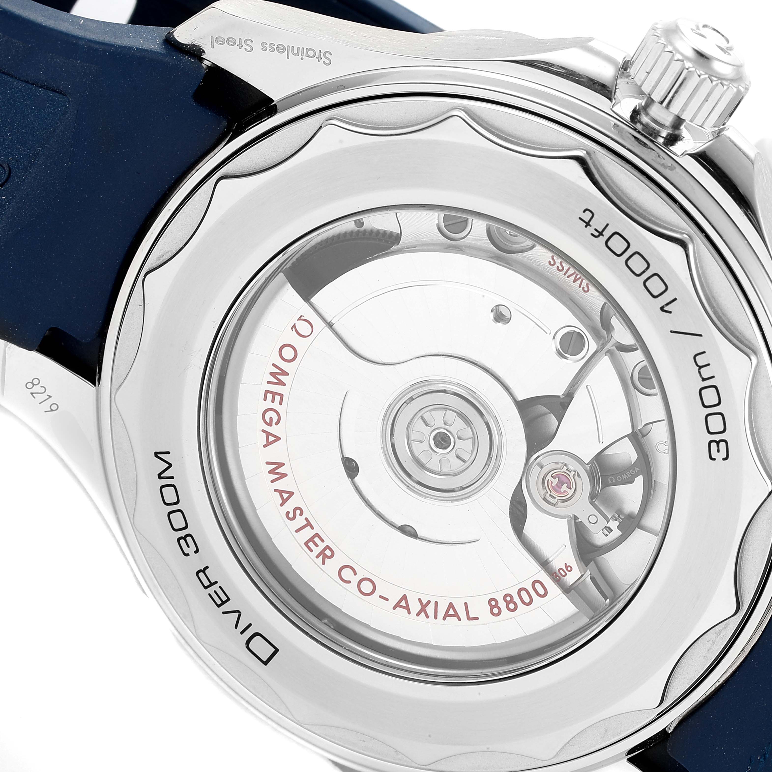 The image shows the back casing and mechanism of the Omega Seamaster 210.32.42.20.06.001 Men's Stainless Steel Grey Dial 210.32.42.20.06.001 Men's Stainless Steel Grey Dial model watch, including the rotor and "300M" water resistance text.