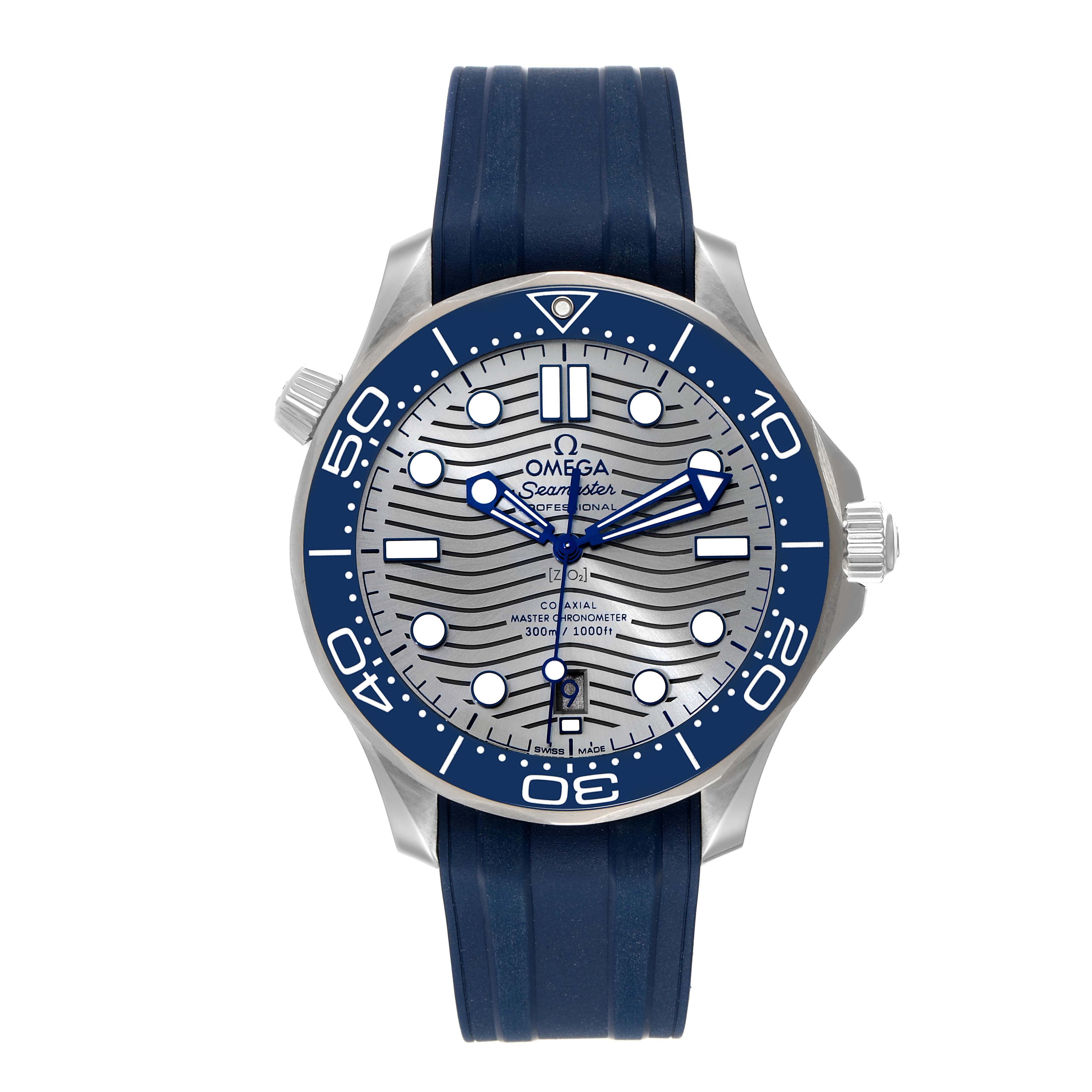 This image shows a front view of the Omega Seamaster 210.32.42.20.06.001 Men's Stainless Steel Grey Dial 210.32.42.20.06.001 Men's Stainless Steel Grey Dial watch, displaying its face, bezel, and blue strap.