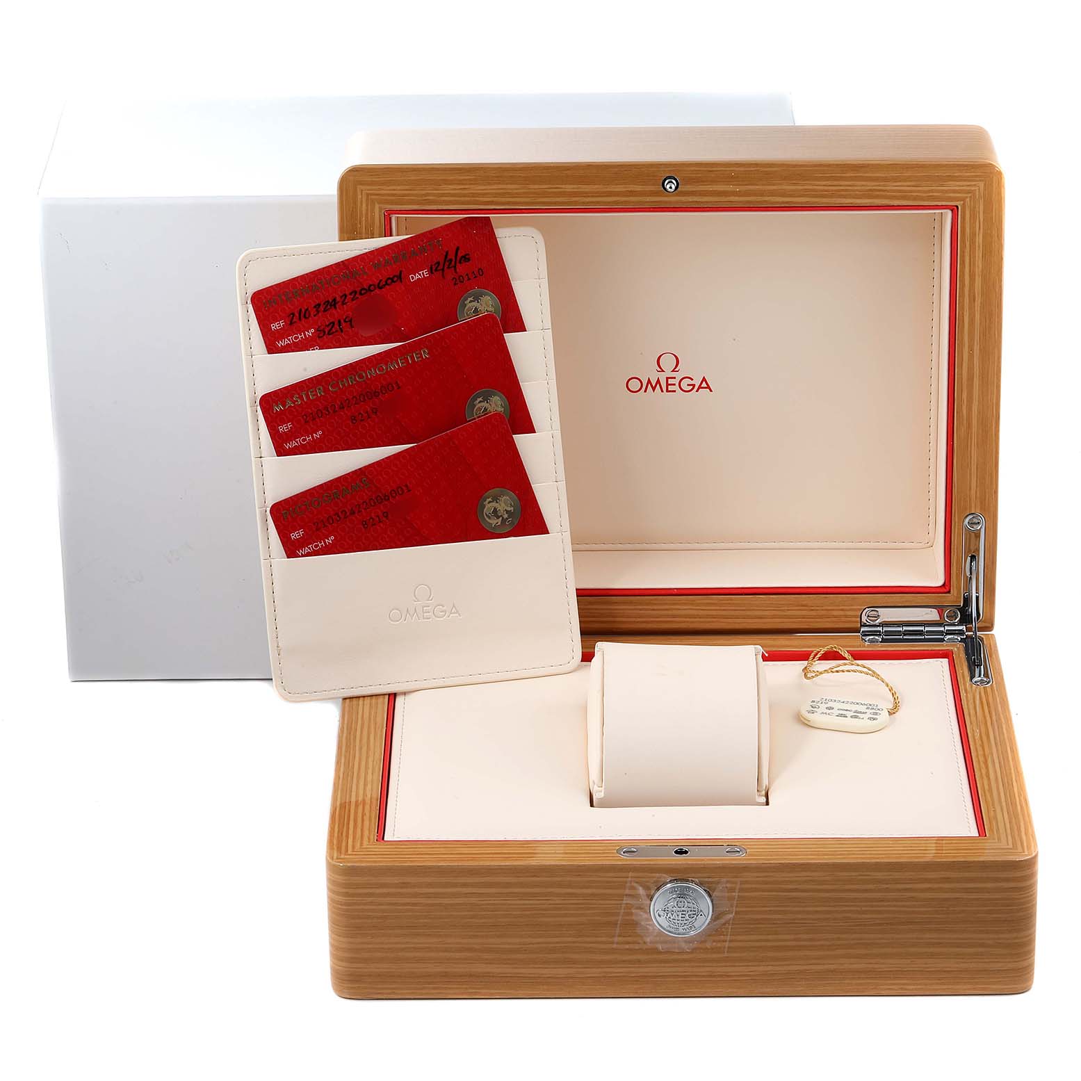 The image shows an Omega Seamaster 210.32.42.20.06.001 Men's Stainless Steel Grey Dial 210.32.42.20.06.001 Men's Stainless Steel Grey Dial box with certification cards and a watch pillow.