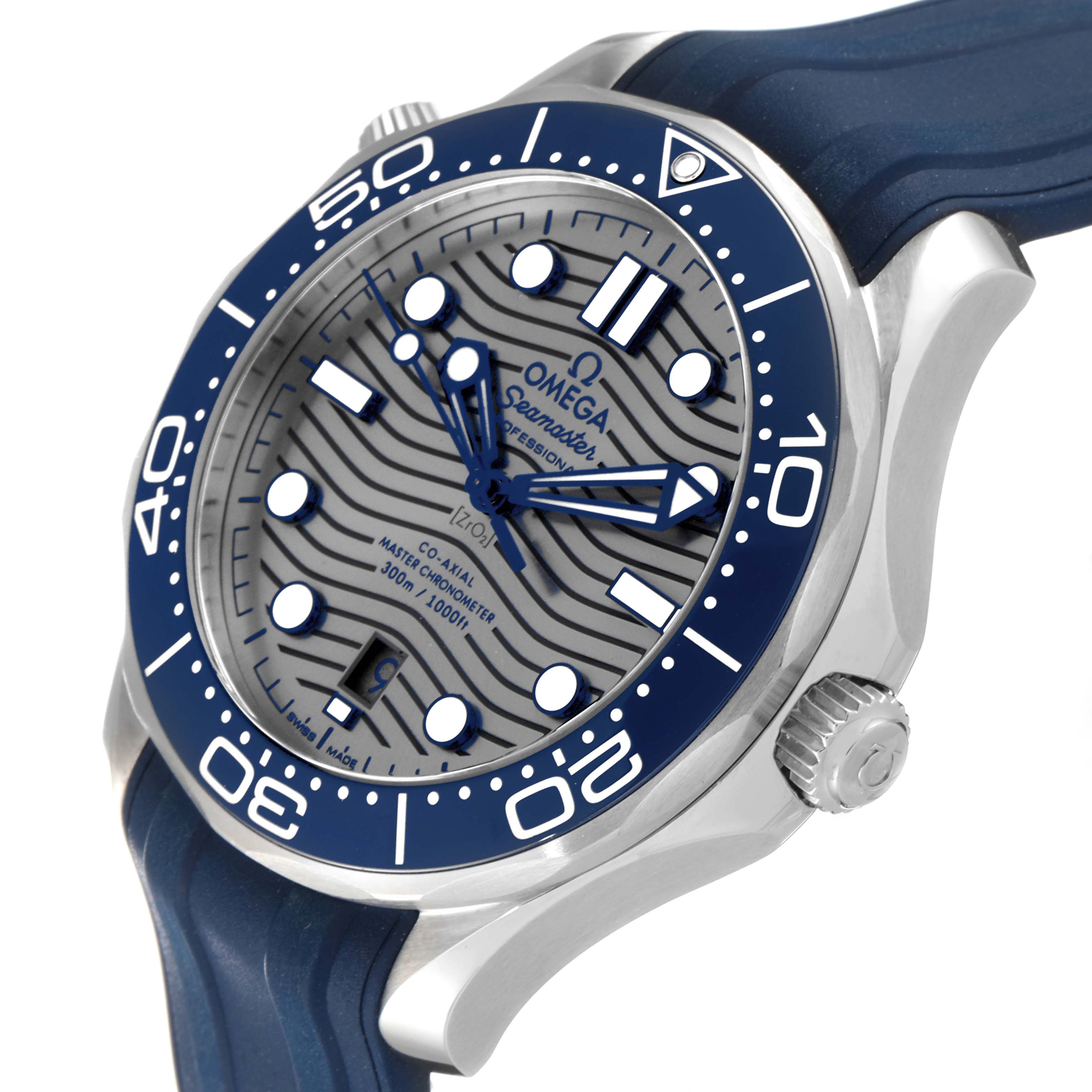 The Omega Seamaster 210.32.42.20.06.001 Men's Stainless Steel Grey Dial 210.32.42.20.06.001 Men's Stainless Steel Grey Dial watch is shown from an angled side view highlighting the bezel, dial, case, and part of the strap.