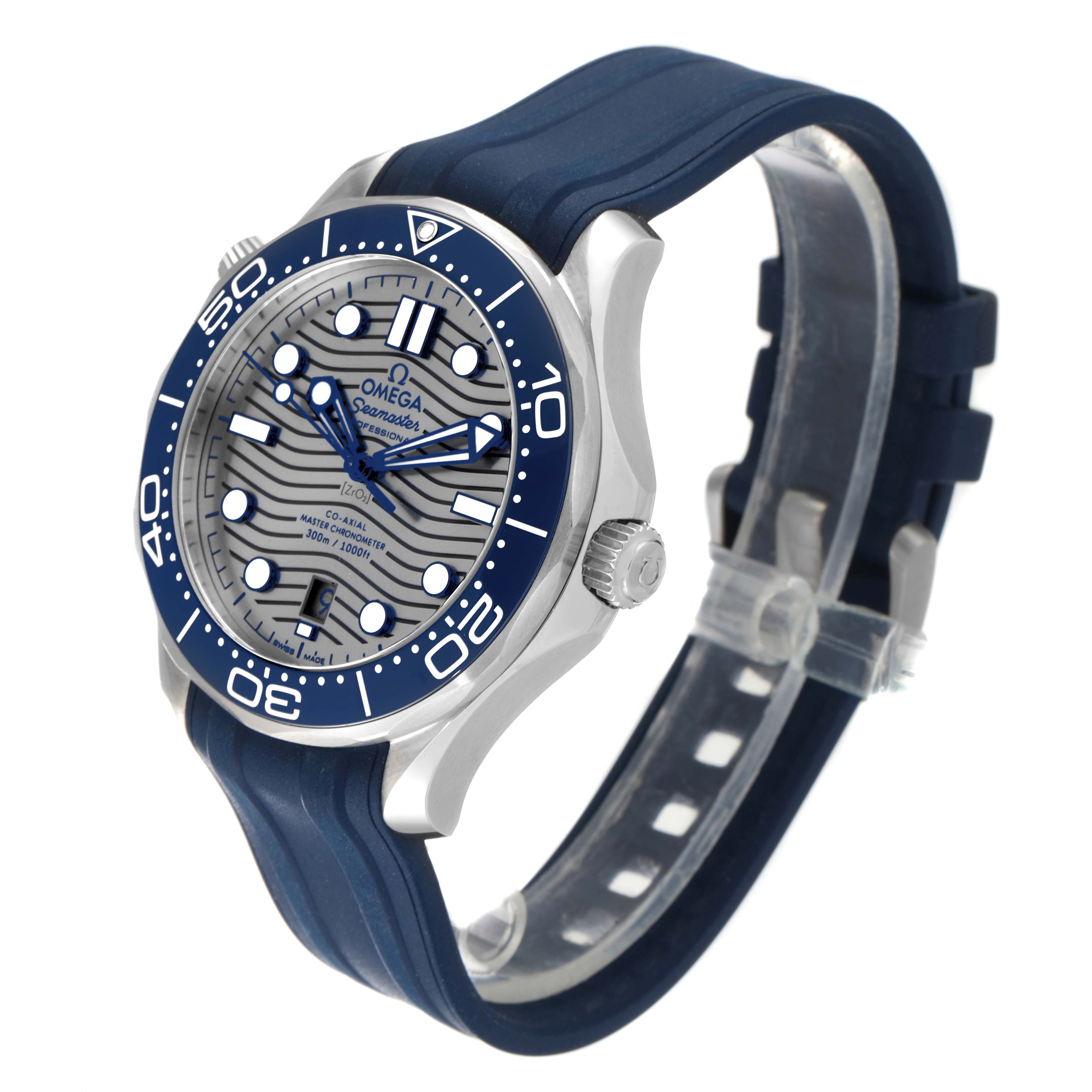 This image shows an angled view of an Omega Seamaster 210.32.42.20.06.001 Men's Stainless Steel Grey Dial 210.32.42.20.06.001 Men's Stainless Steel Grey Dial watch with a blue bezel and rubber strap.