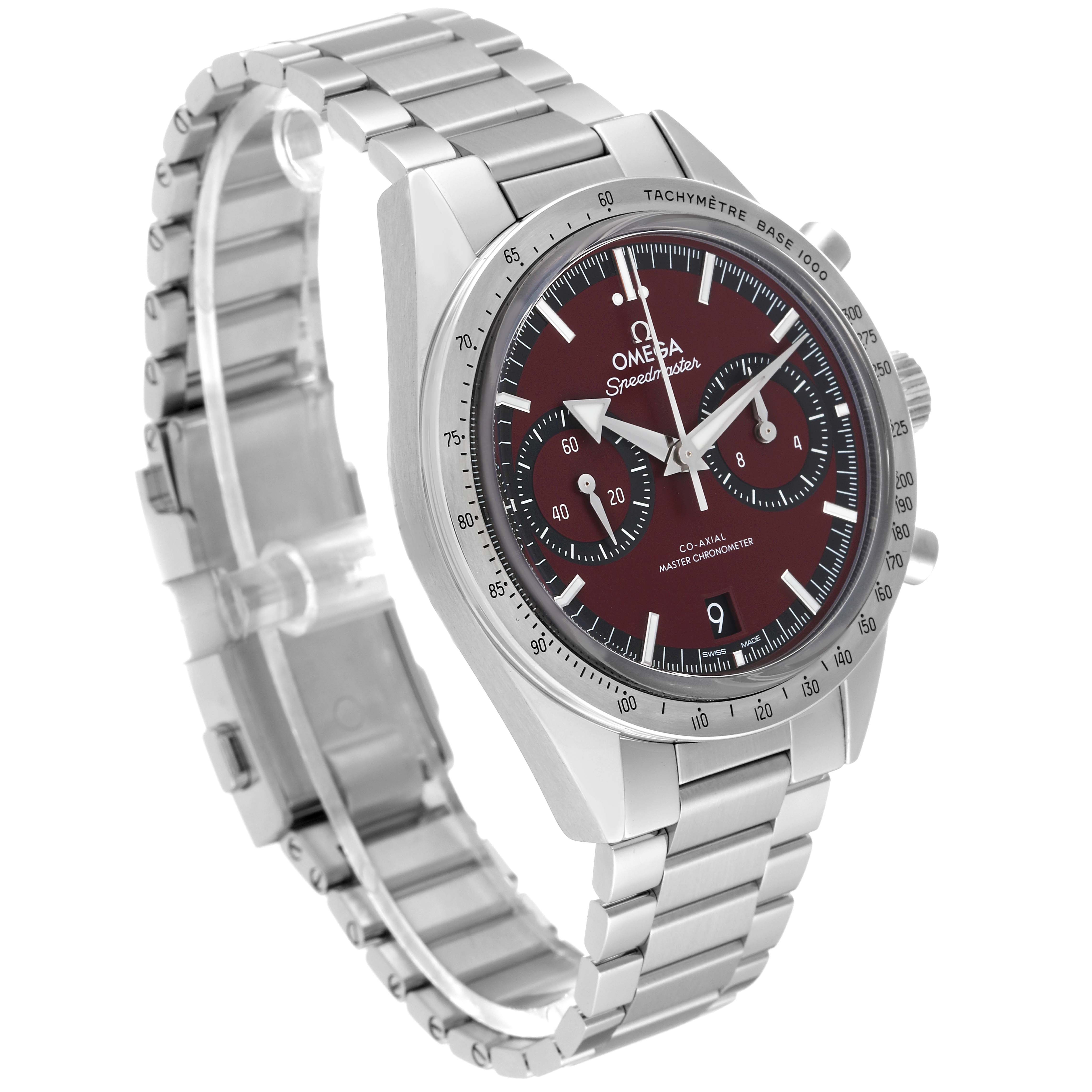 The image shows an angled view of an Omega Speedmaster 332.10.41.51.11.001 Men's Stainless Steel Red Dial 332.10.41.51.11.001 Men's Stainless Steel Red Dial watch featuring a burgundy dial and stainless steel bracelet.