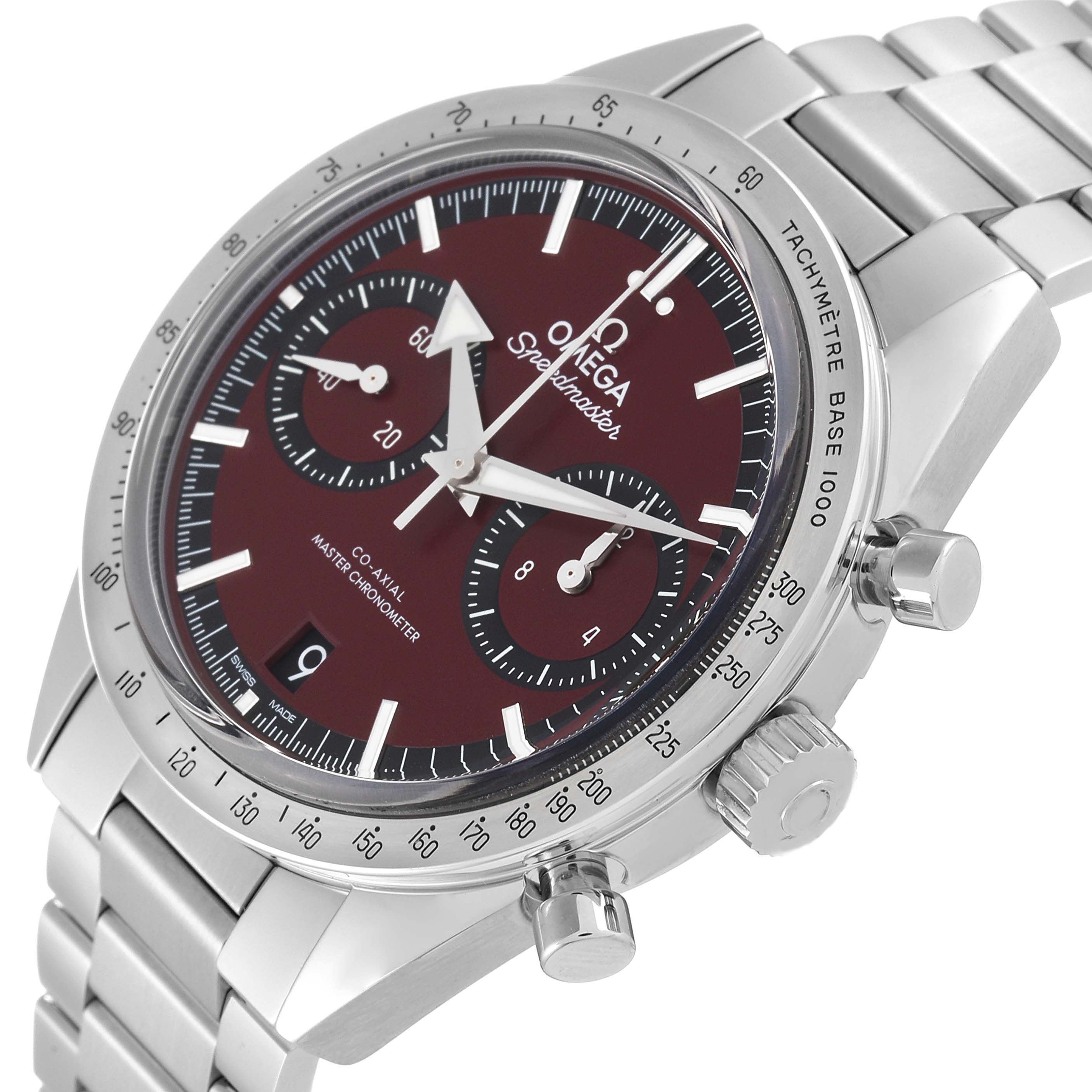 This image shows an angled close-up of an Omega Speedmaster 332.10.41.51.11.001 Men's Stainless Steel Red Dial 332.10.41.51.11.001 Men's Stainless Steel Red Dial watch featuring the dial, bezel, crown, and two pushers.
