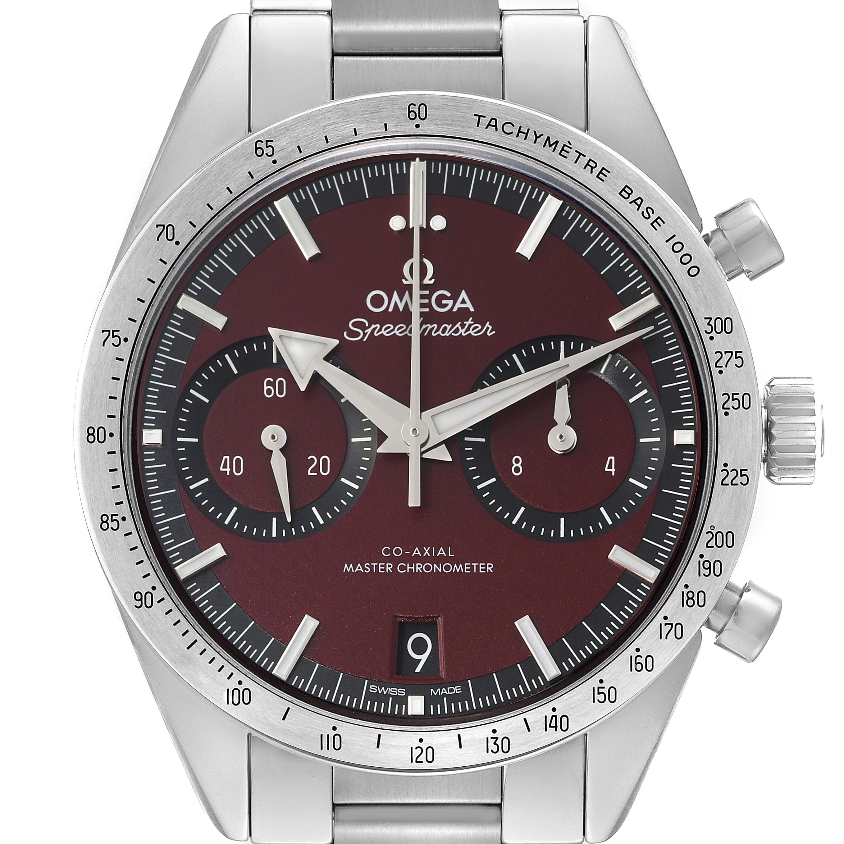 The Omega Speedmaster 332.10.41.51.11.001 Men's Stainless Steel Red Dial 332.10.41.51.11.001 Men's Stainless Steel Red Dial watch is shown from the front, featuring its dial, tachymeter bezel, and chronograph subdials.