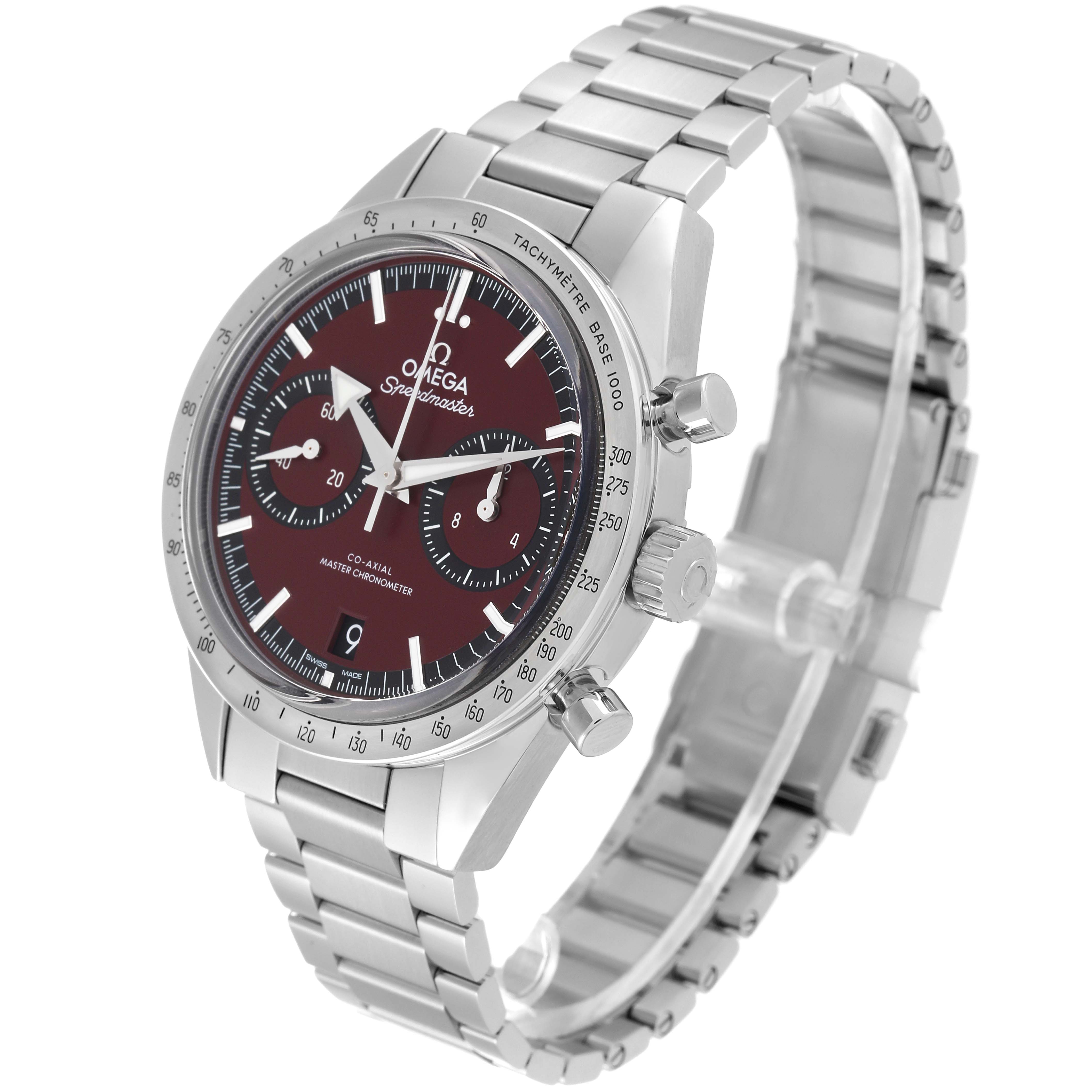 This image shows an angled view of the Omega Speedmaster 332.10.41.51.11.001 Men's Stainless Steel Red Dial 332.10.41.51.11.001 Men's Stainless Steel Red Dial watch, highlighting the face, bezel, crown, pushers, and bracelet.