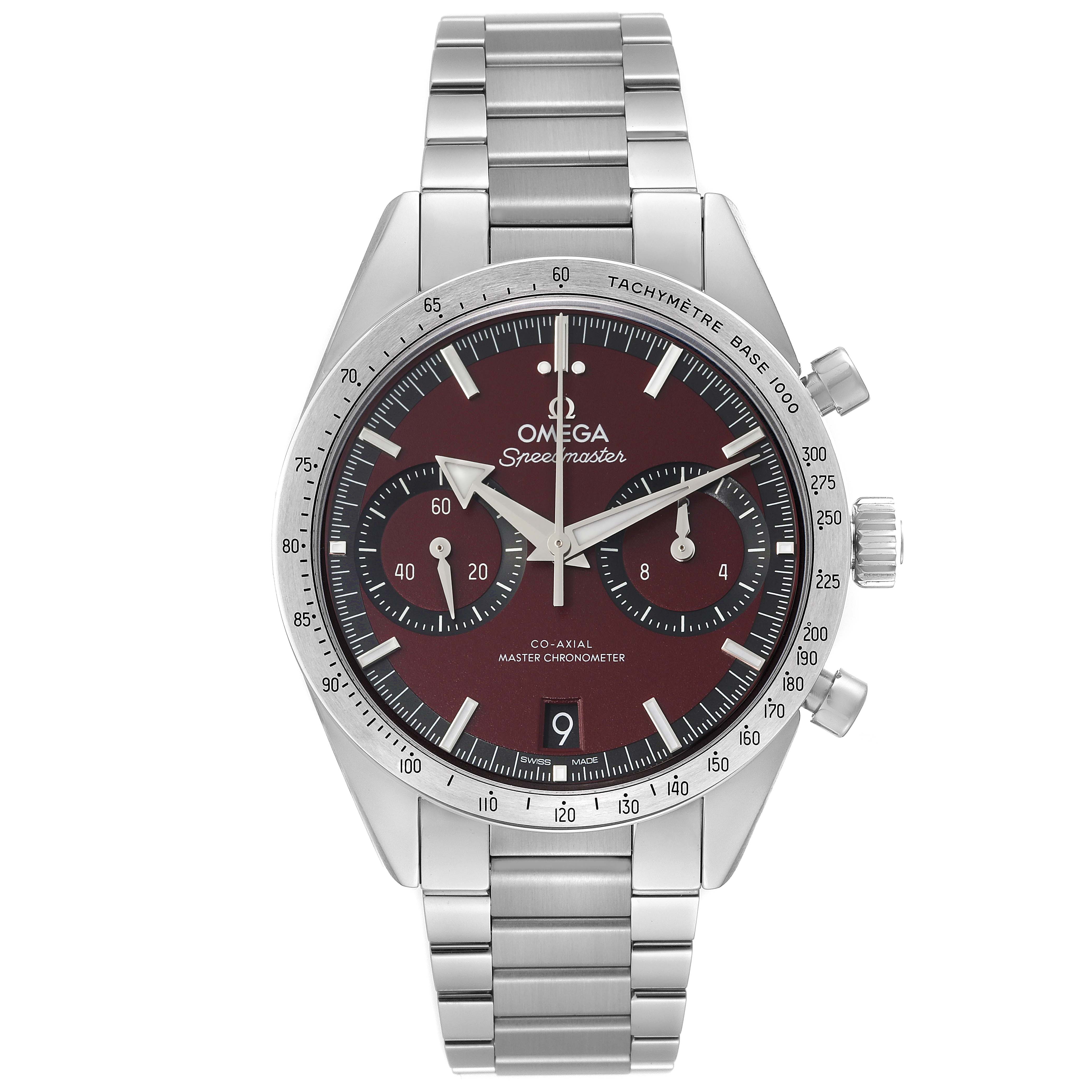 This image shows a front view of the Omega Speedmaster 332.10.41.51.11.001 Men's Stainless Steel Red Dial 332.10.41.51.11.001 Men's Stainless Steel Red Dial watch, highlighting its dial, hands, subdials, bezel, crown, and bracelet.