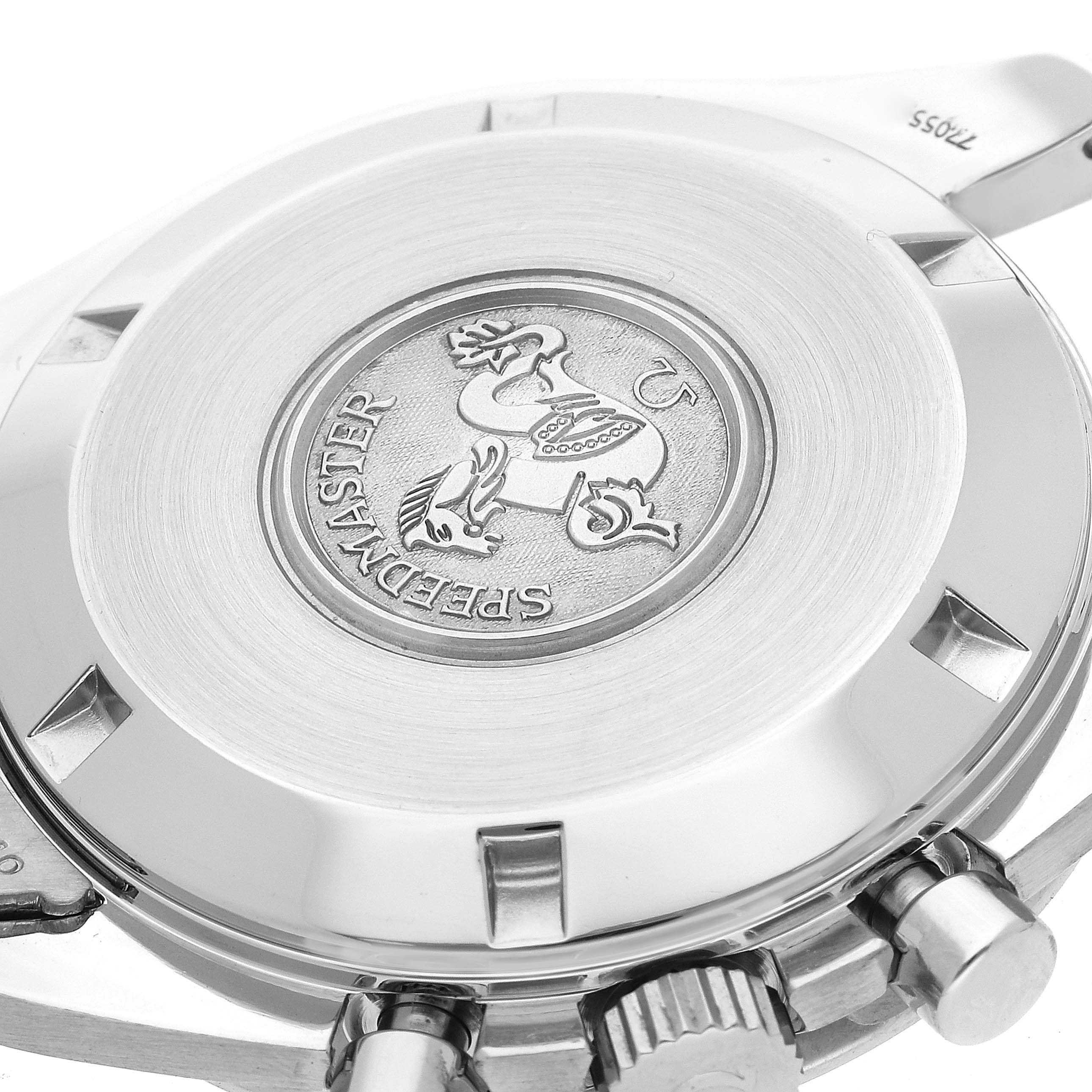 The image shows the case back and crown of an Omega Speedmaster 3594.50.00 Men
s Stainless Steel Black Dial 3594.50.00 Men
s Stainless Steel Black Dial watch from a slightly tilted side angle.