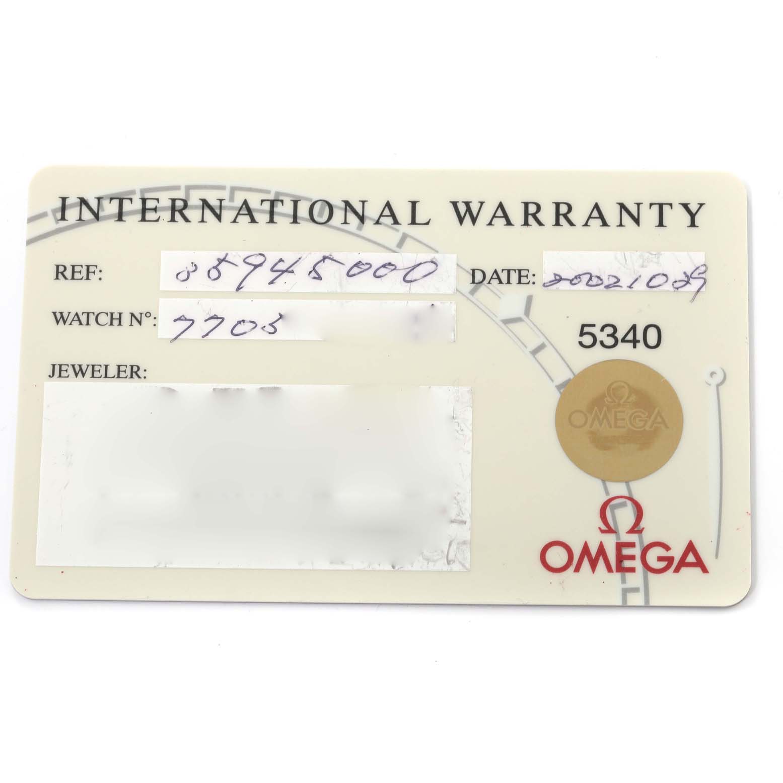 The image shows an international warranty card for the Omega Speedmaster 3594.50.00 Men
s Stainless Steel Black Dial 3594.50.00 Men
s Stainless Steel Black Dial watch model, displaying the reference number, watch number, and purchase date.