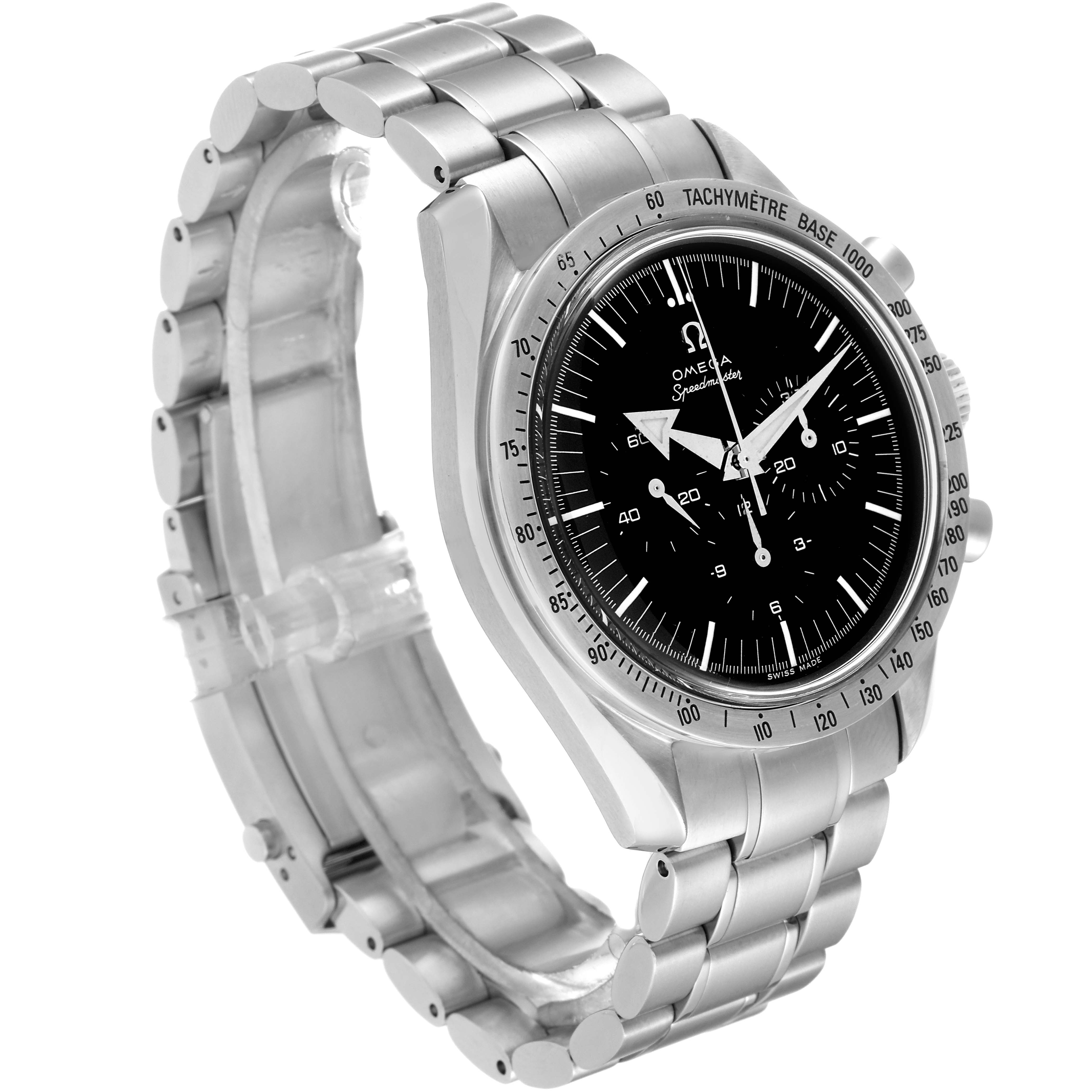 This Omega Speedmaster 3594.50.00 Men
s Stainless Steel Black Dial 3594.50.00 Men
s Stainless Steel Black Dial watch is shown at a slight angle, highlighting its face, bezel, and stainless steel bracelet.