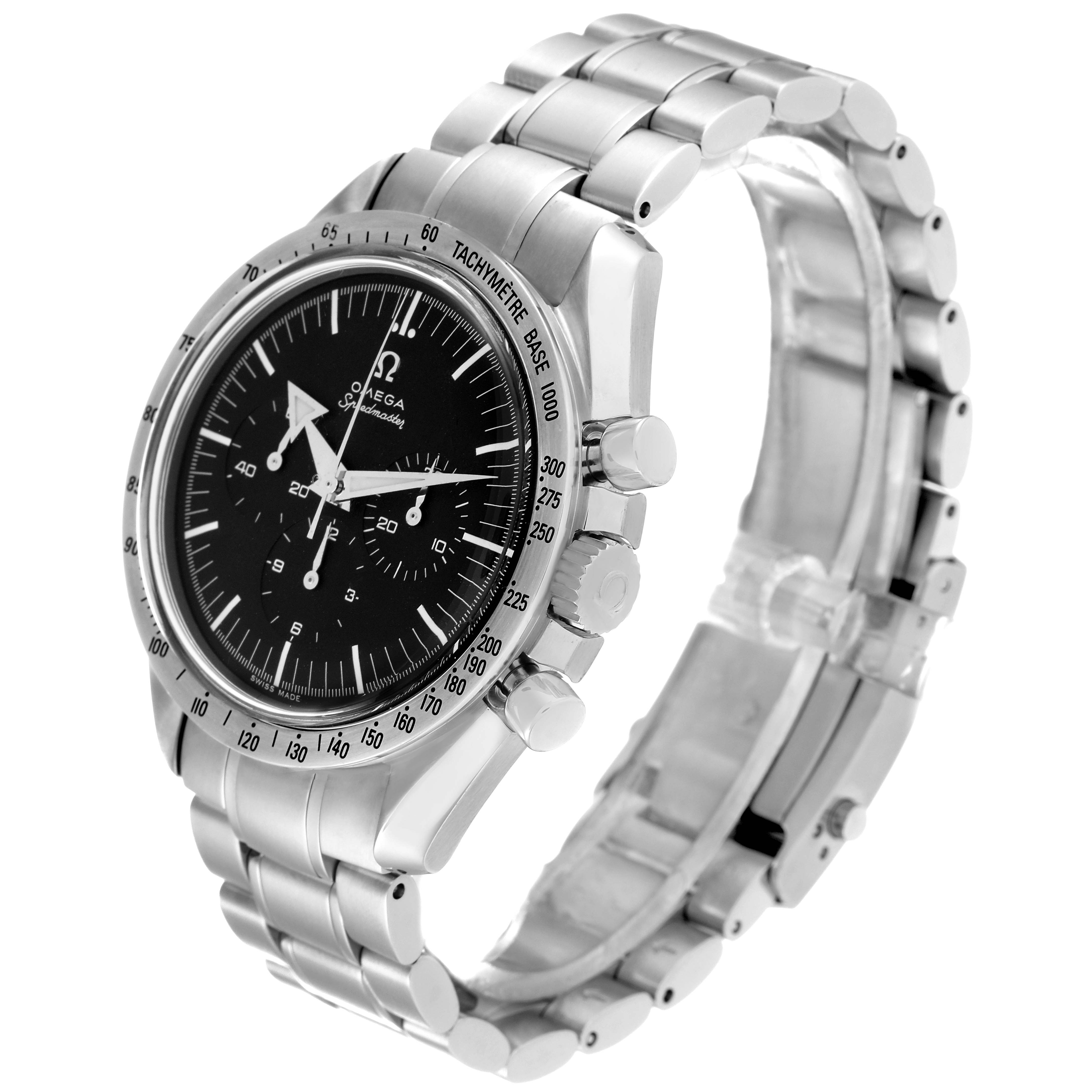 This Omega Speedmaster 3594.50.00 Men
s Stainless Steel Black Dial 3594.50.00 Men
s Stainless Steel Black Dial watch is shown at a three-quarter angle, highlighting its bezel, dial, crown, pushers, and bracelet.