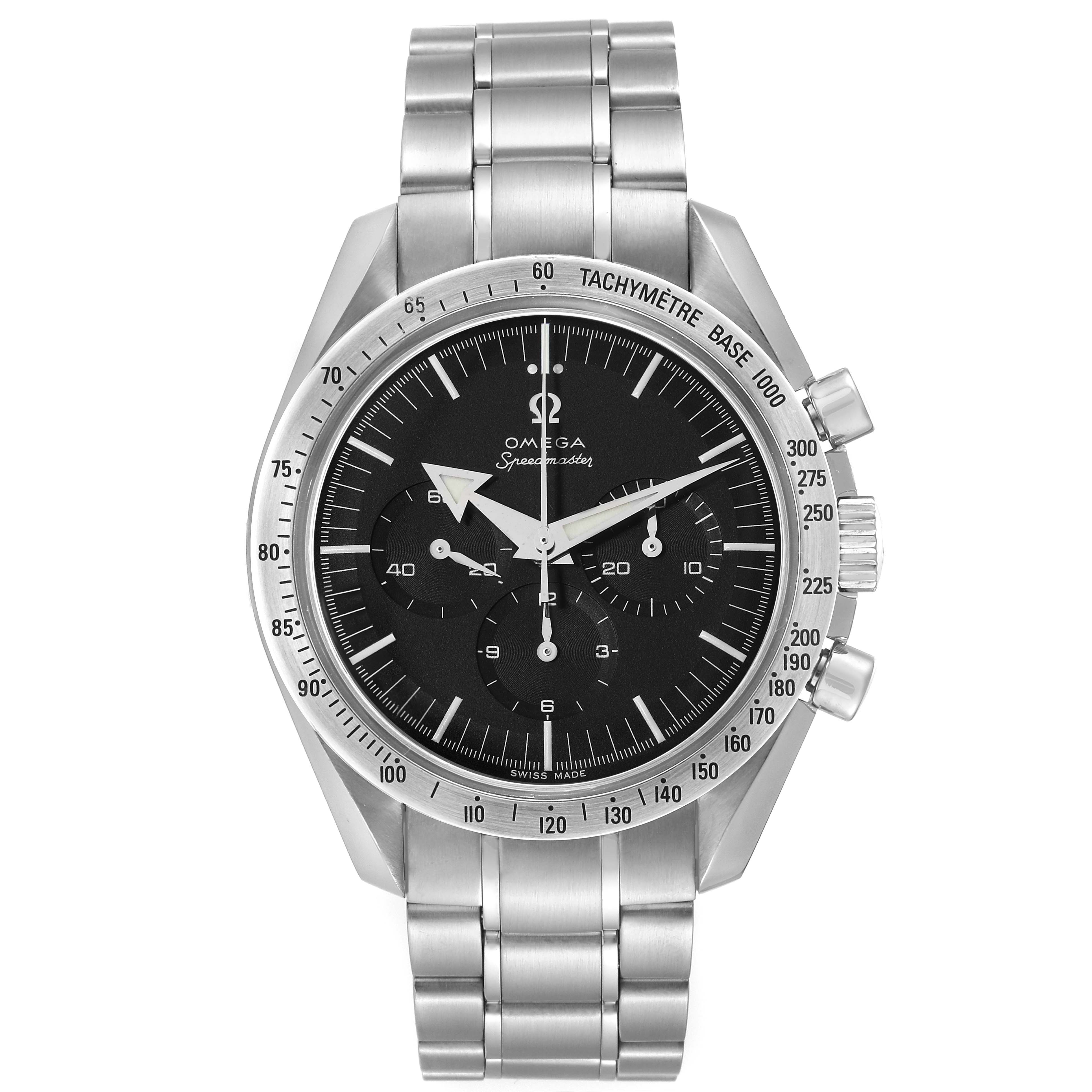The image shows a front view of the Omega Speedmaster 3594.50.00 Men
s Stainless Steel Black Dial 3594.50.00 Men
s Stainless Steel Black Dial watch, featuring its face, bezel, and stainless steel bracelet.