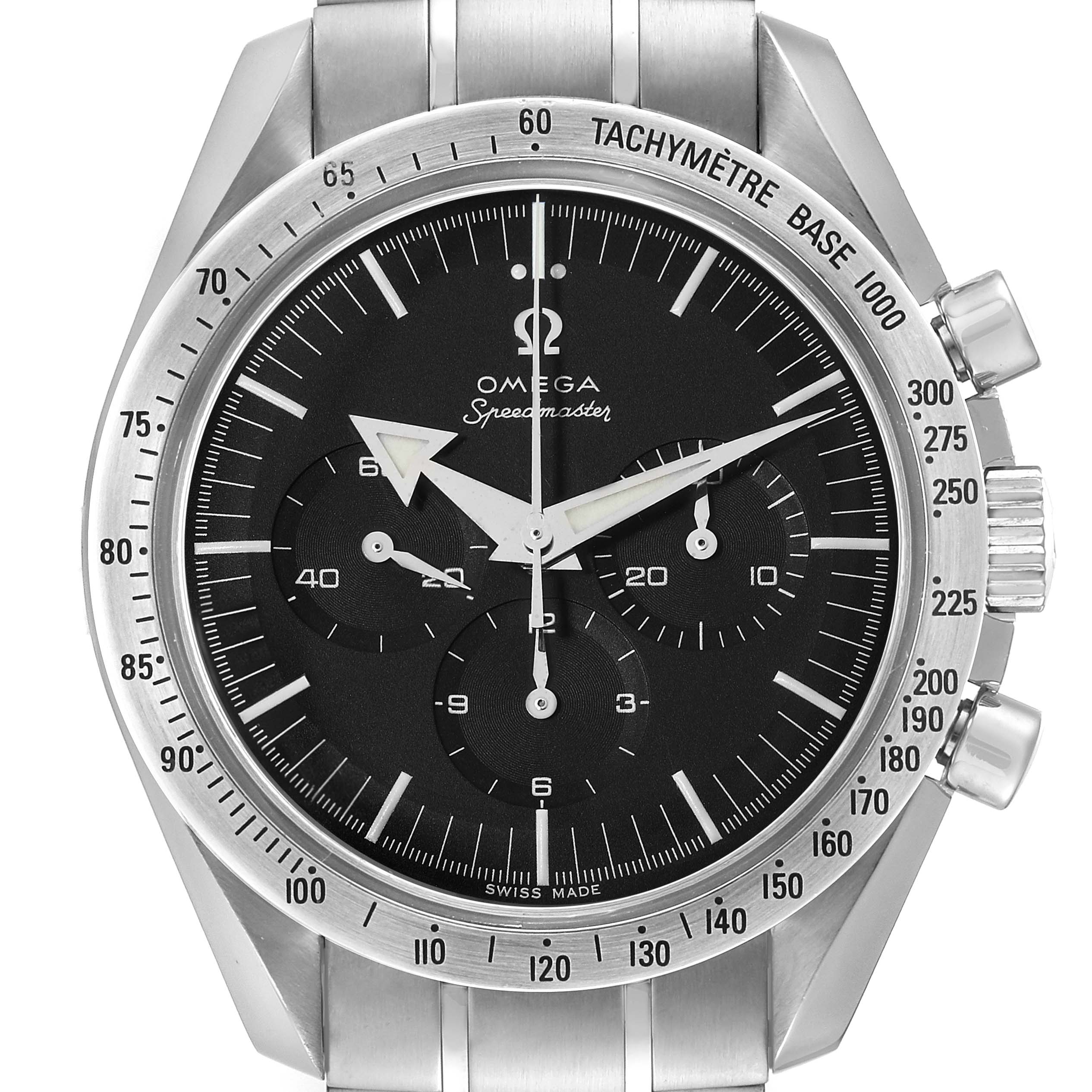 The image shows a front view of the Omega Speedmaster 3594.50.00 Men
s Stainless Steel Black Dial 3594.50.00 Men
s Stainless Steel Black Dial watch, highlighting its black dial, sub-dials, tachymeter bezel, and metal bracelet.
