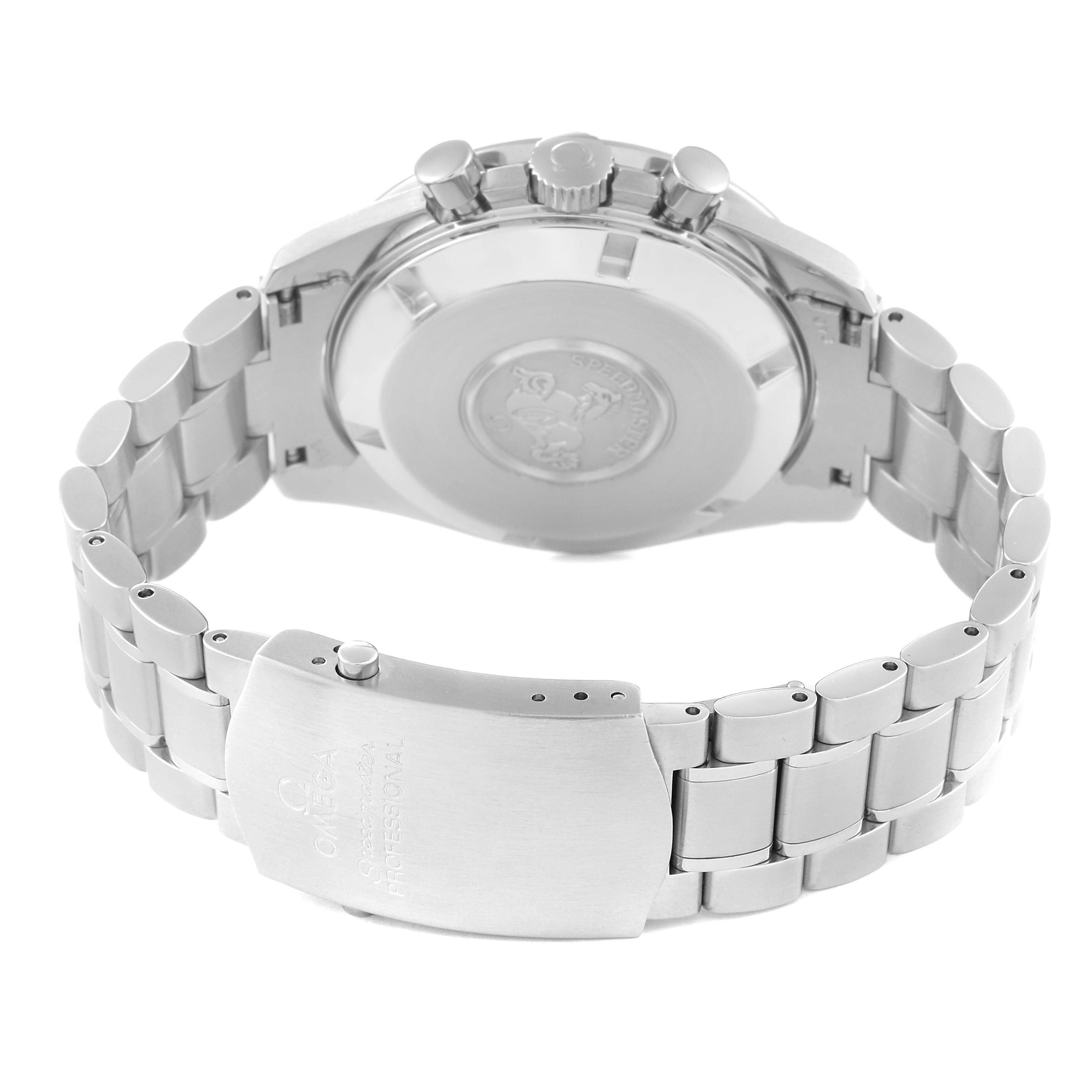 The image shows the back of an Omega Speedmaster 3594.50.00 Men
s Stainless Steel Black Dial 3594.50.00 Men
s Stainless Steel Black Dial watch, including its case back, bracelet, and clasp.