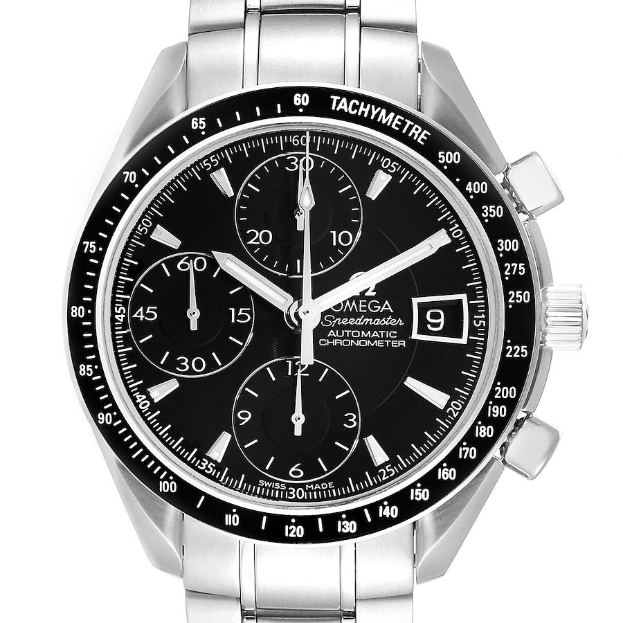 The image shows a front view of an Omega Speedmaster watch, highlighting its dial, subdials, date window, and tachymeter bezel.