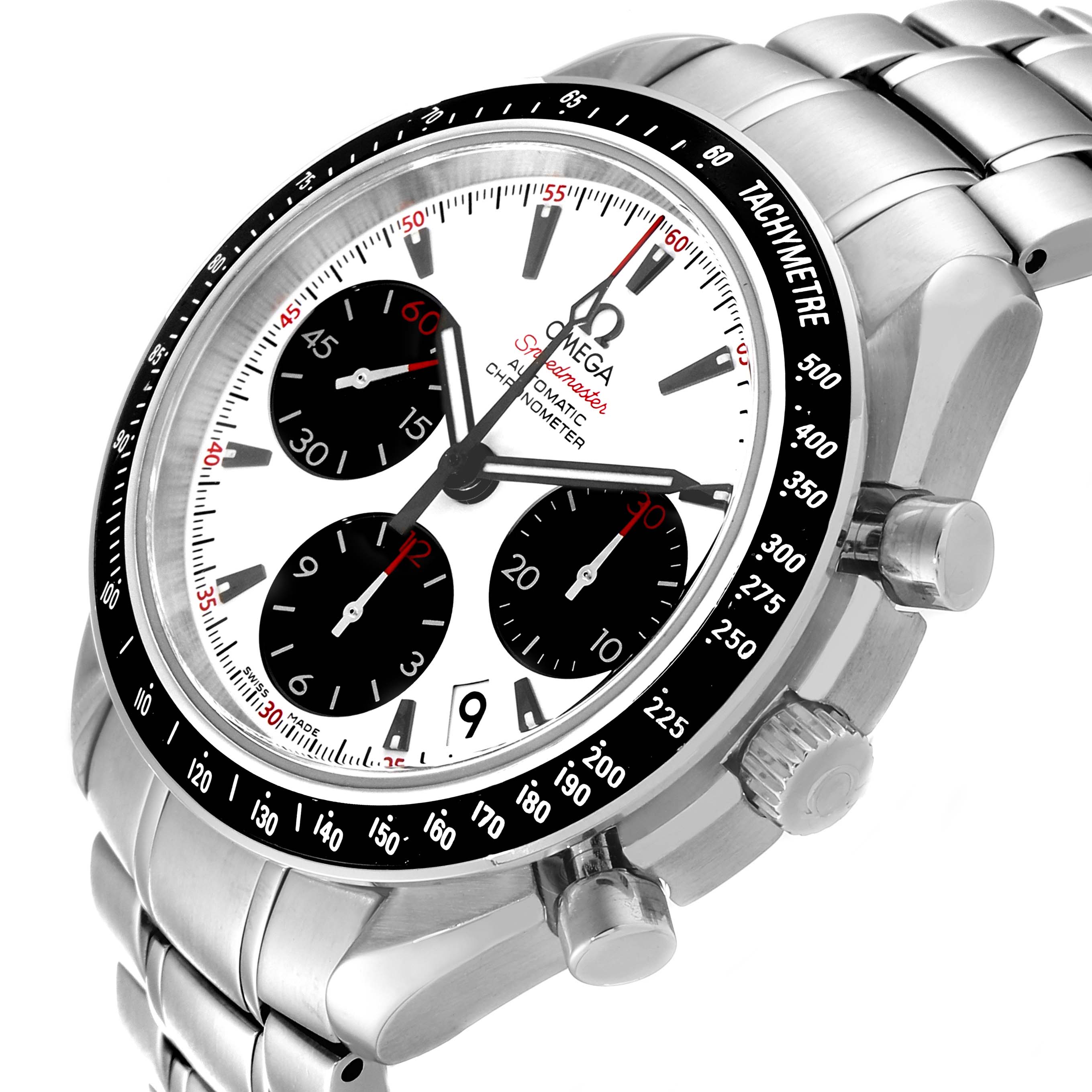 The image shows an angled close-up of the Omega Speedmaster 323.30.40.40.04.001 Men's Stainless Steel White Dial 323.30.40.40.04.001 Men's Stainless Steel White Dial watch, highlighting the dial, bezel, subdials, and chronograph pushers.