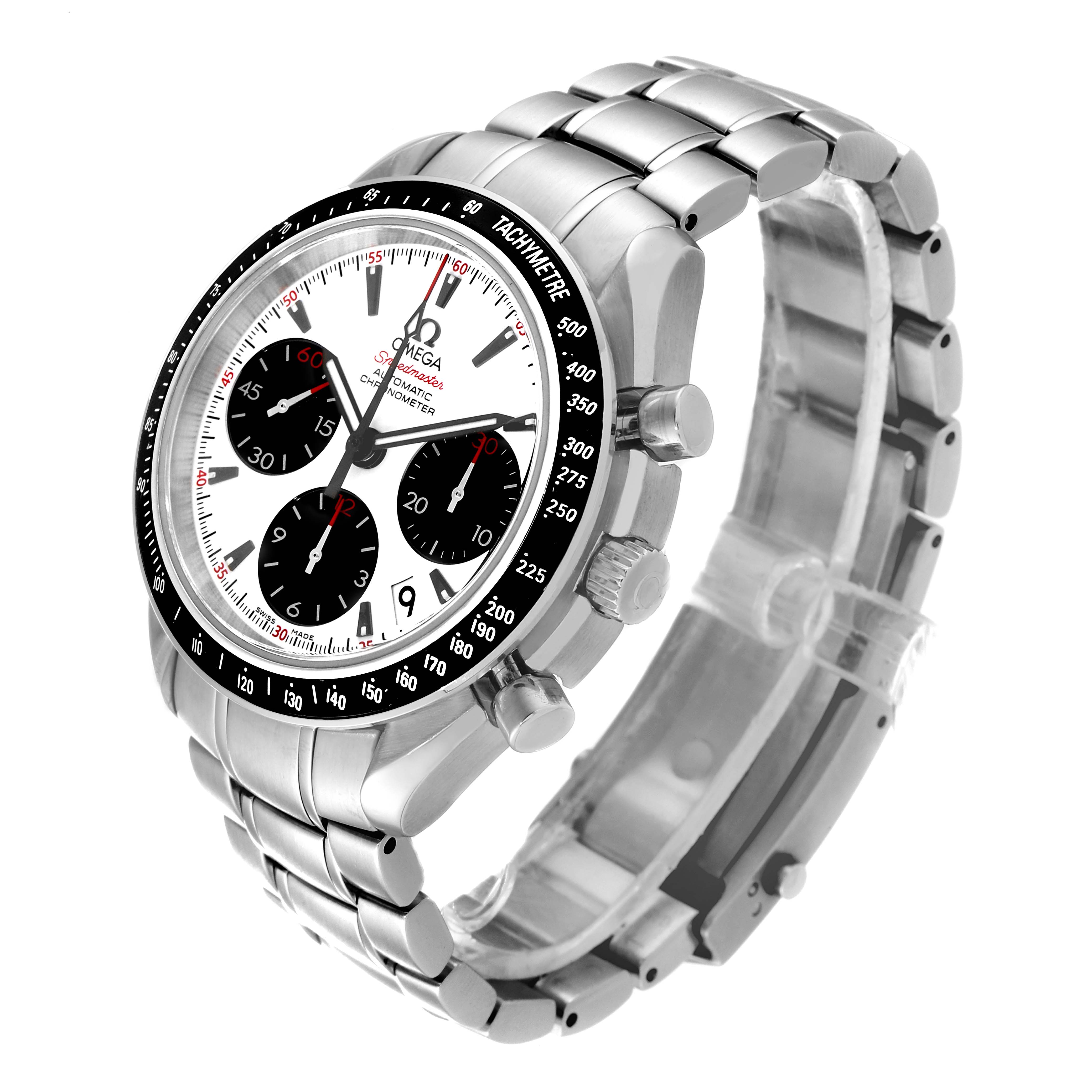 The image shows an Omega Speedmaster 323.30.40.40.04.001 Men's Stainless Steel White Dial 323.30.40.40.04.001 Men's Stainless Steel White Dial watch at an angled view, highlighting the face, bezel, and stainless steel bracelet.