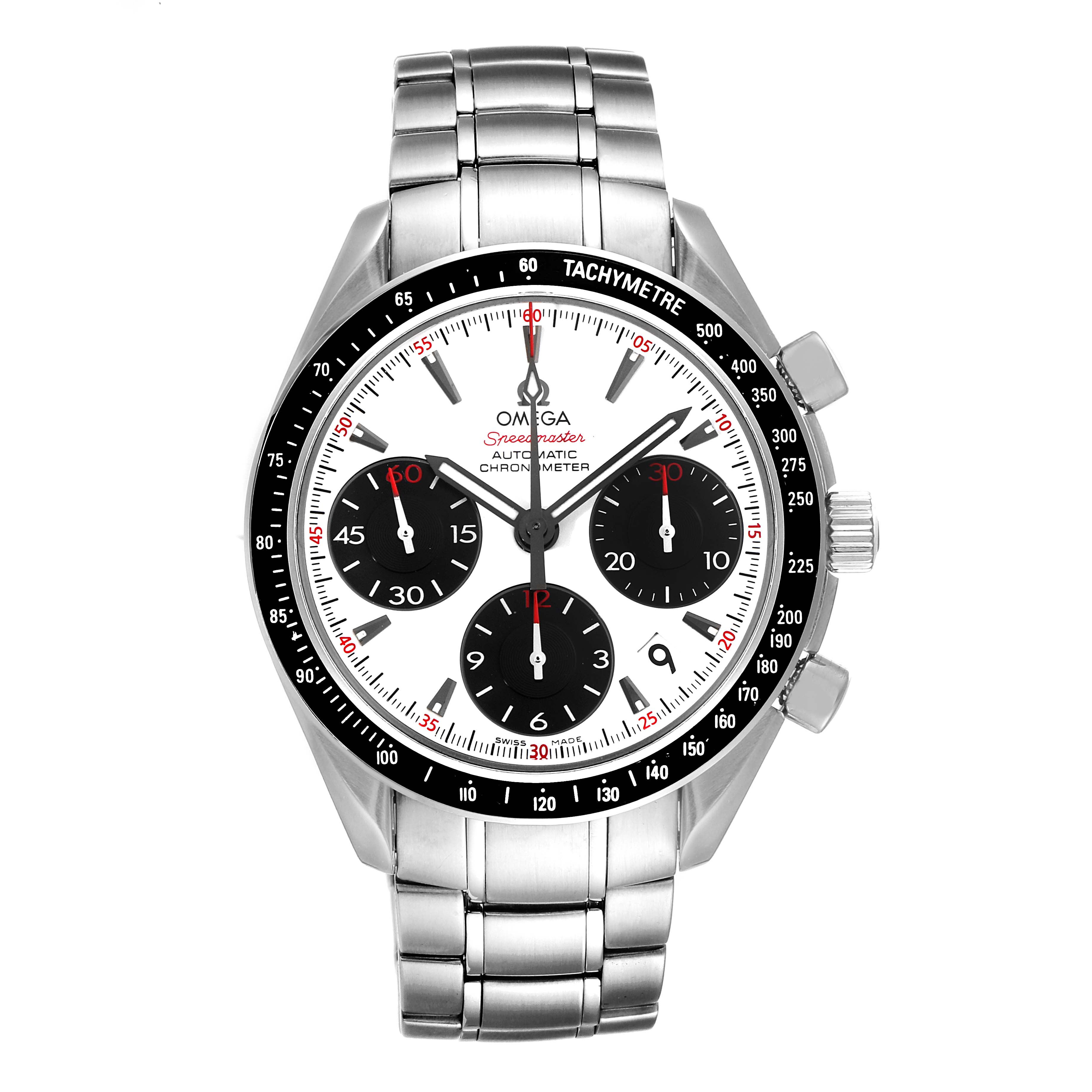 The image shows a front view of an Omega Speedmaster 323.30.40.40.04.001 Men's Stainless Steel White Dial 323.30.40.40.04.001 Men's Stainless Steel White Dial watch, highlighting its dial, bezel, and metal bracelet.