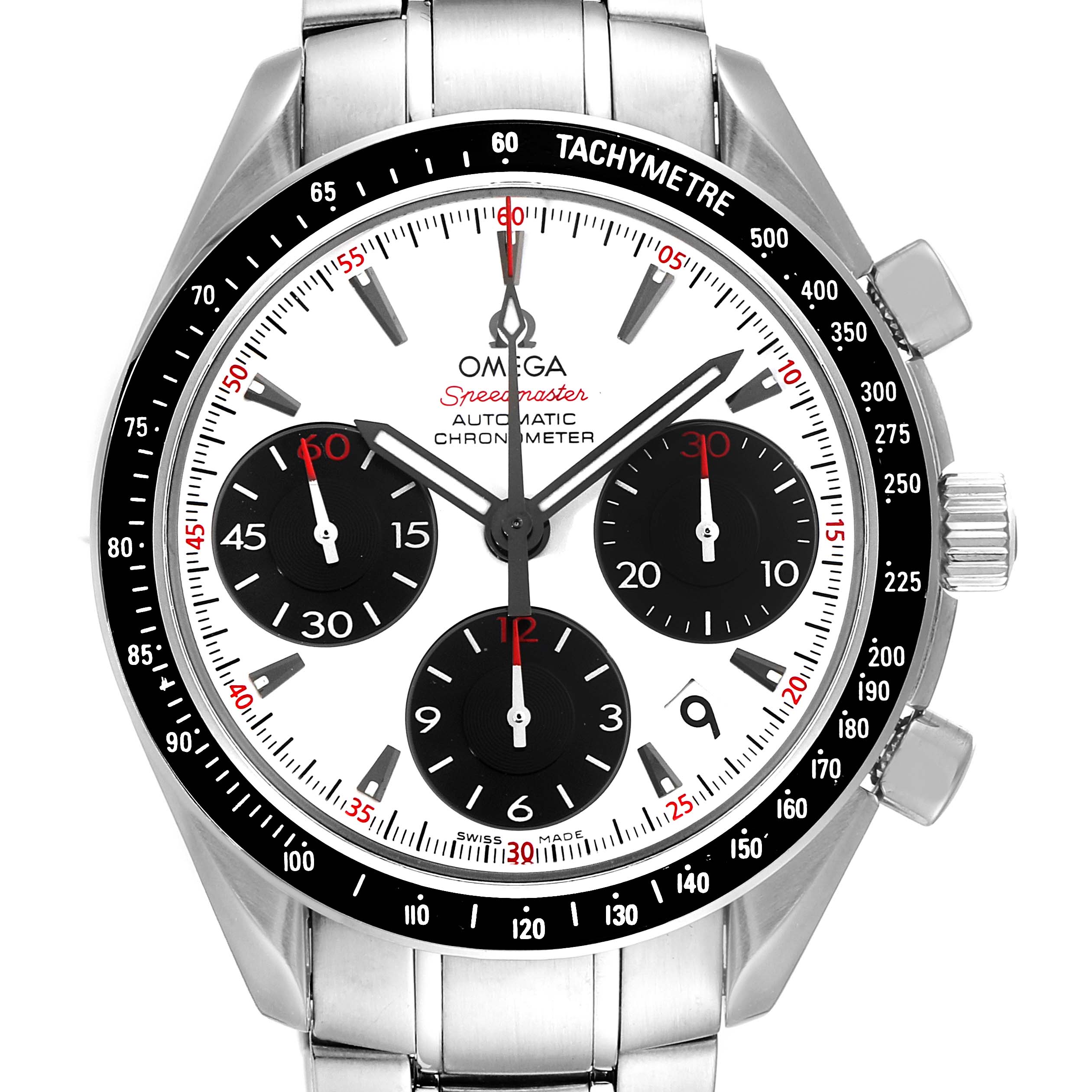 This image shows a front view of an Omega Speedmaster 323.30.40.40.04.001 Men's Stainless Steel White Dial 323.30.40.40.04.001 Men's Stainless Steel White Dial watch, highlighting its dial, bezel, subdials, and crown.