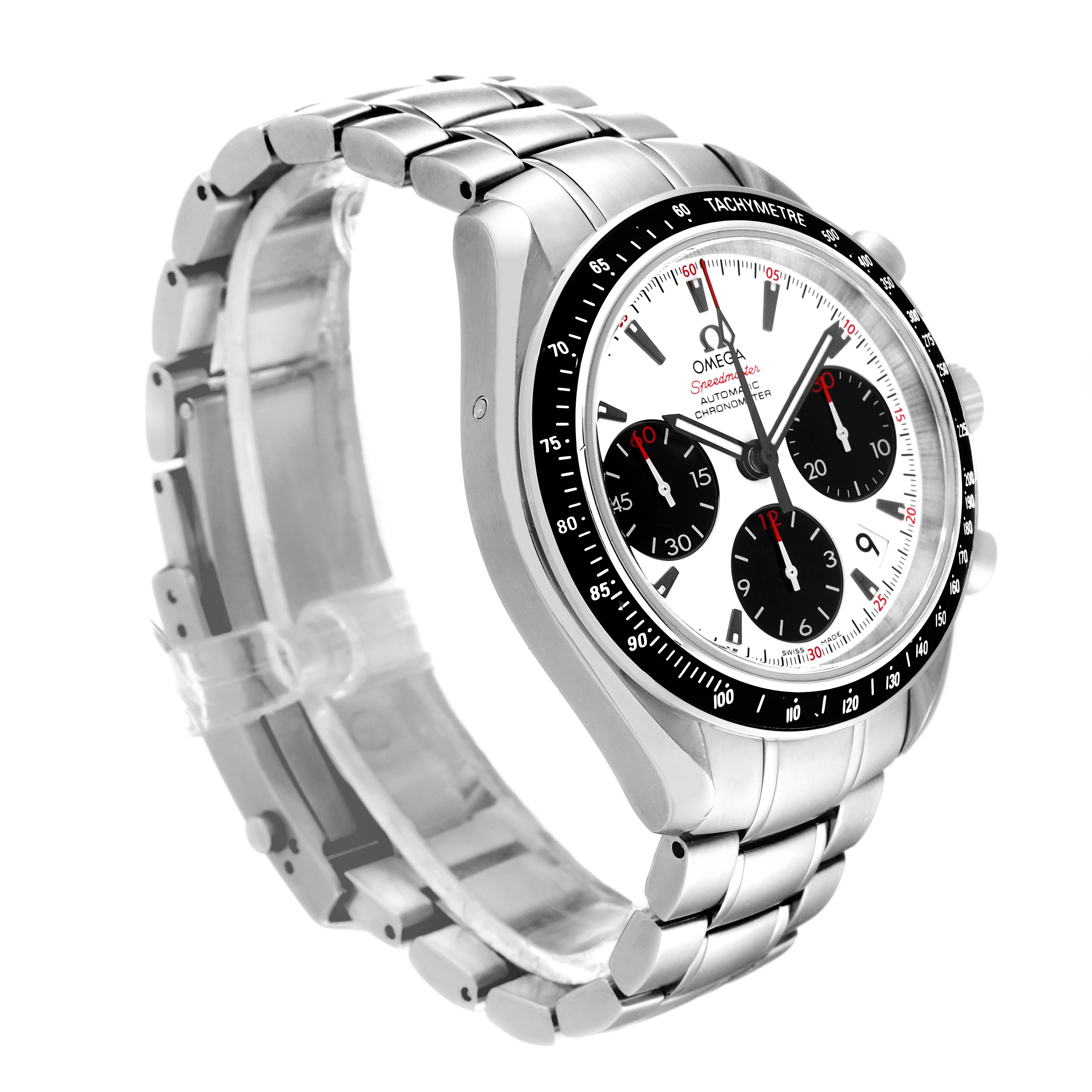 This Omega Speedmaster 323.30.40.40.04.001 Men's Stainless Steel White Dial 323.30.40.40.04.001 Men's Stainless Steel White Dial watch is shown at an angle, highlighting the dial, tachymeter bezel, and metal bracelet.