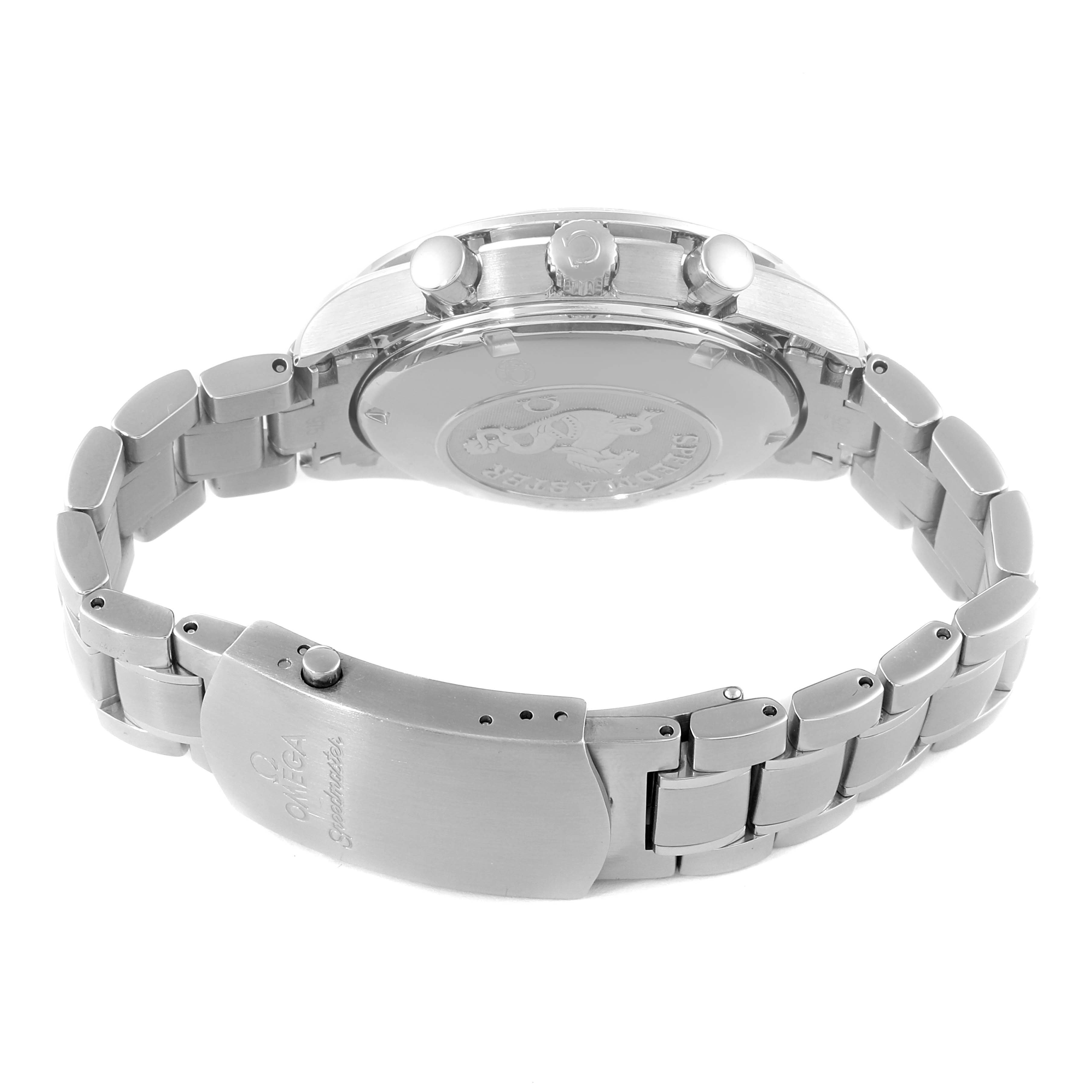 The image shows the back case and clasp of an Omega Speedmaster 323.30.40.40.04.001 Men's Stainless Steel White Dial 323.30.40.40.04.001 Men's Stainless Steel White Dial watch from a rear angle.