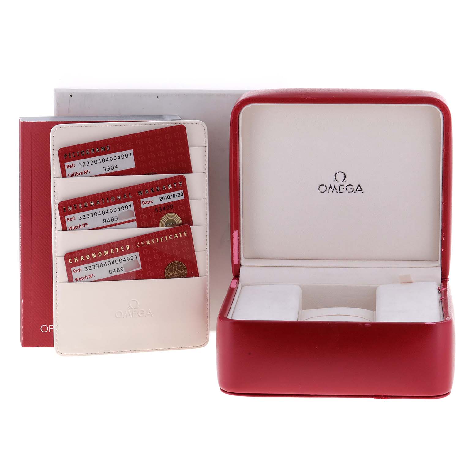 The image shows an Omega Speedmaster 323.30.40.40.04.001 Men's Stainless Steel White Dial 323.30.40.40.04.001 Men's Stainless Steel White Dial watch box, warranty cards, and the certification holder from a front angle.