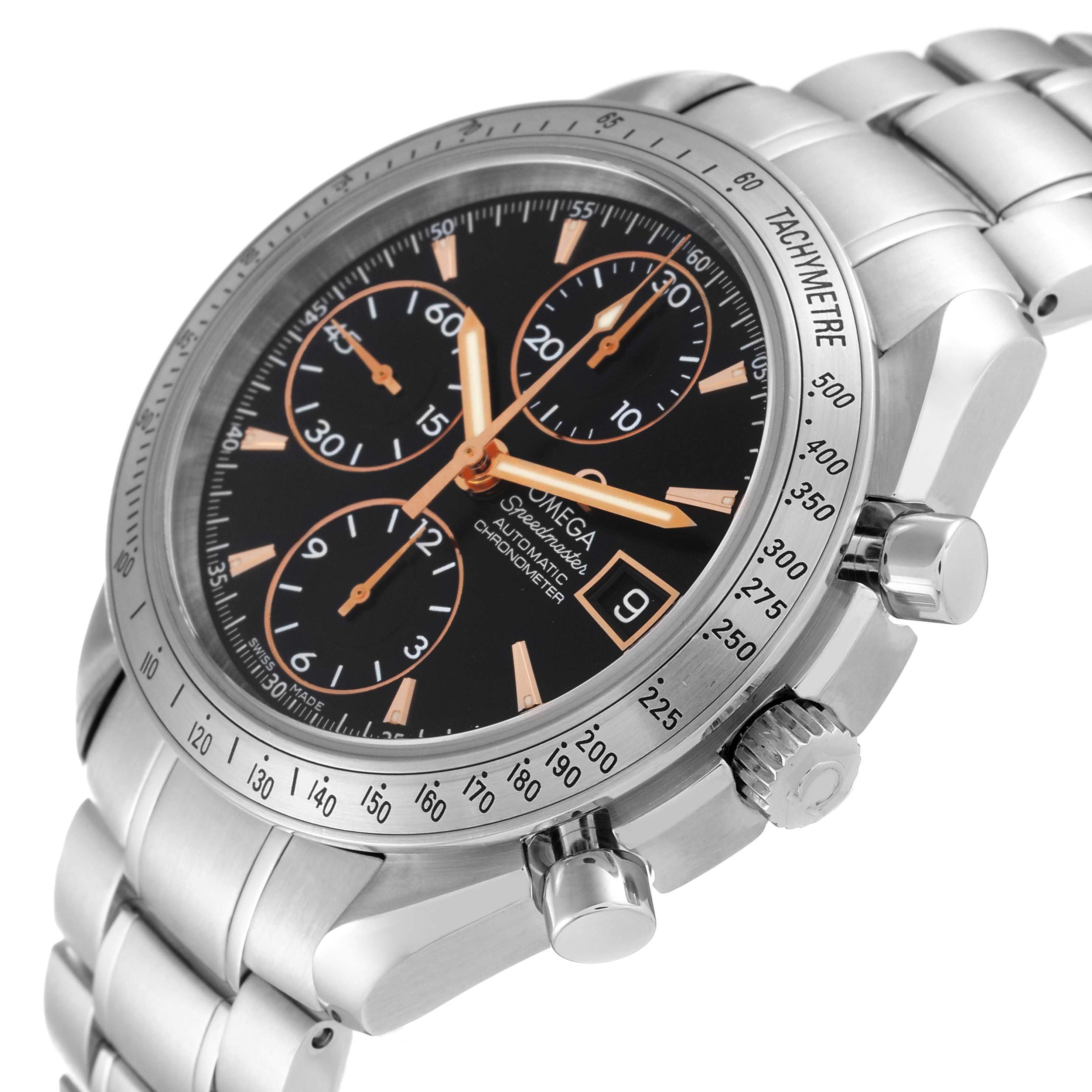 This image shows a close-up, angled view of an Omega Speedmaster 3511.50.00 Men
s Stainless Steel Black Dial 3511.50.00 Men
s Stainless Steel Black Dial watch, highlighting its bezel, dial, subdials, and bracelet.